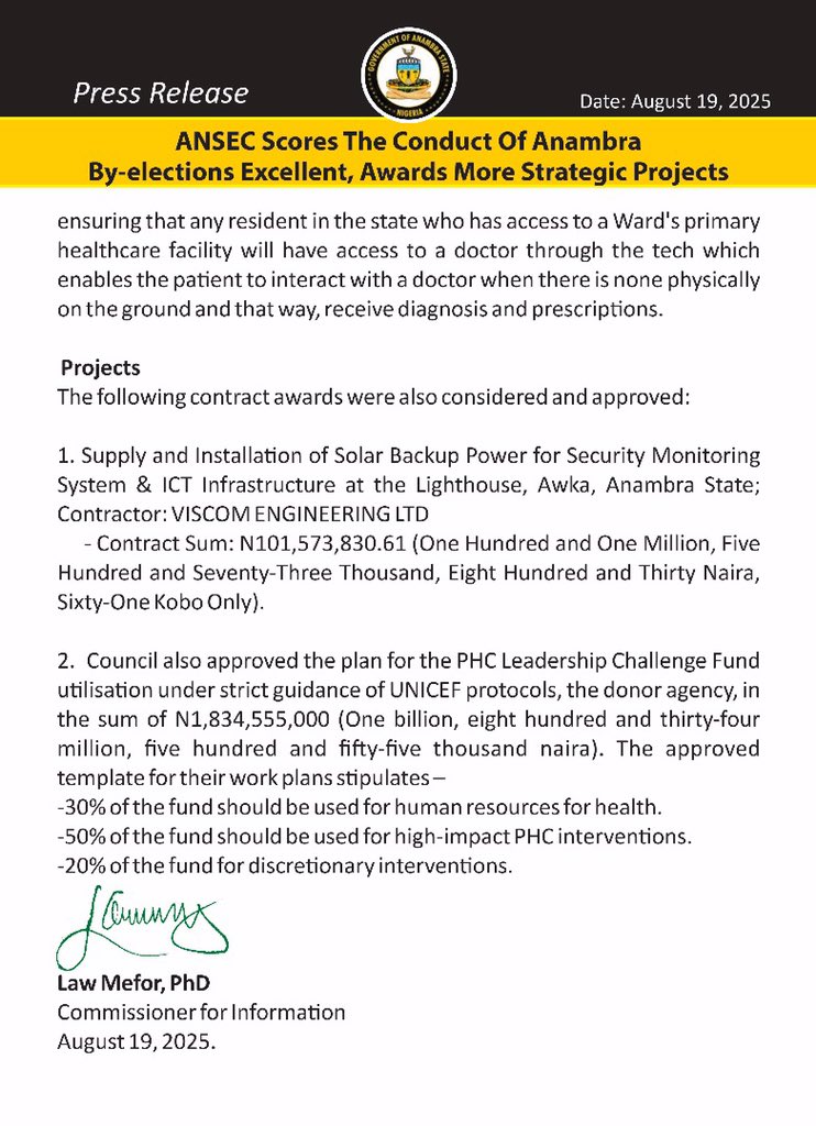 DrLaw_Mefor's tweet image. ANSEC scores Anambra by-elections excellent.

APGA wins both seats with 64%+ votes.

Highlights: Mega Bus Terminal for Onitsha, Awka Mall commissioning (300 jobs), Telemedicine in PHCs, N101M Solar Backup, N1.8B UNICEF Fund.

Read full statement here.

#Anambra #SoludoSolution