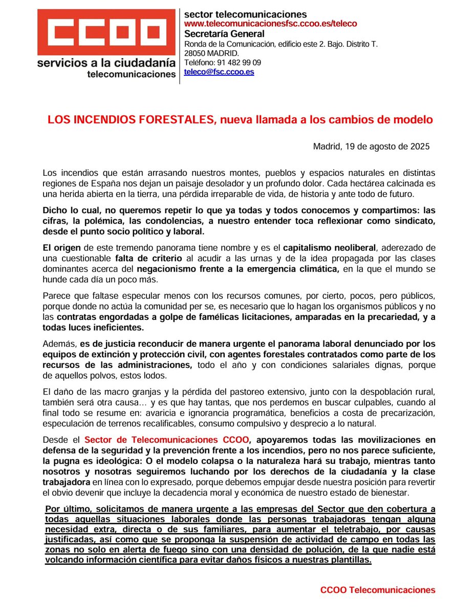 #CCOO #FSC SECTOR TELECOMUNICACIONES 

LOS INCENDIOS FORESTALES, nueva llamada a los cambios de modelo.