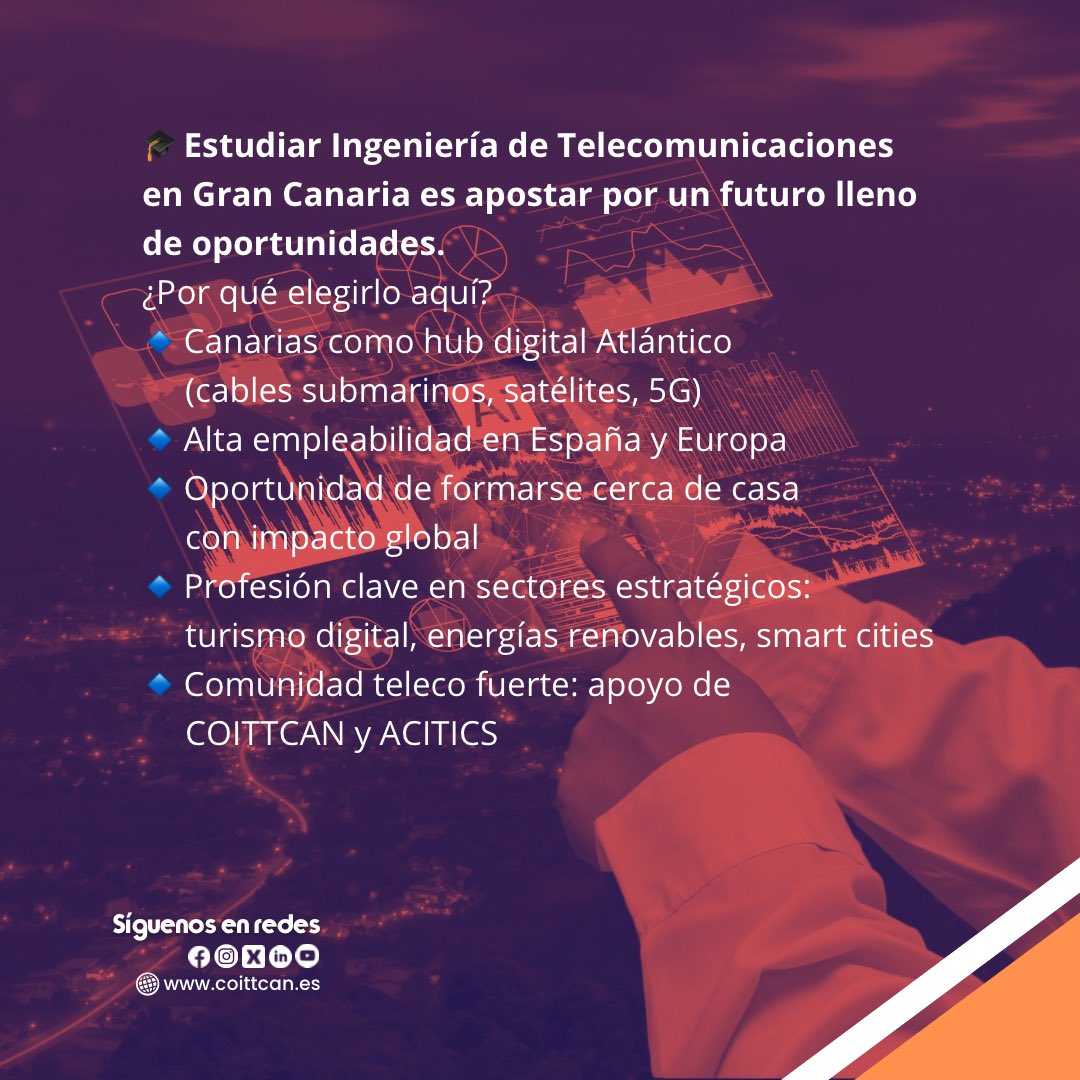 #acitics Estudiar #Telecomunicaciones en #GranCanaria es elegir futuro:
✅ Alta empleabilidad
✅ Hub digital Atlántico
✅ Formación cerca de casa con impacto global.
👉 Canarias necesita más talento teleco.
#YoSoyTeleco #COITTCAN #ACITICS
<a href="/coitt_aegitt/">COITT - telecos.zone</a> <a href="/DET_EITE/">Delegación EITE</a> #somostelecos