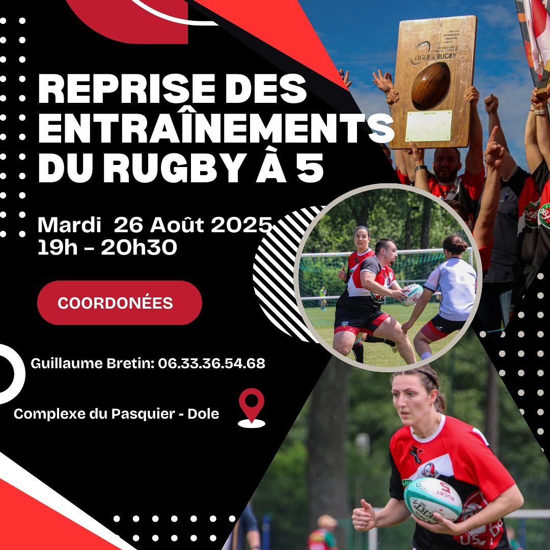 Reprise du Rugby à 5 à Dole !: Nos champions de Bourgogne-Franche-Comté sont de retour sur le terrain… plus déterminés que jamais !  

Reprise des entraînements le mardi 26 août
De 19h à 20h30
Complexe du Pasquier – Dole 

Les entraînements ont lieu… dlvr.it/TMZyj9