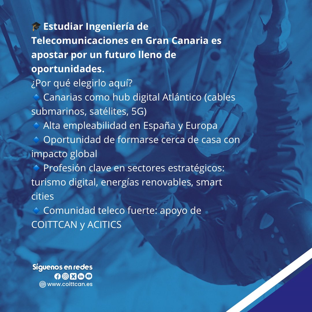 #coittcan Estudiar #Telecomunicaciones en #GranCanaria es elegir futuro:
✅ Alta empleabilidad
✅ Hub digital Atlántico
✅ Formación cerca de casa con impacto global.
👉 Canarias necesita más talento teleco.
#YoSoyTeleco #COITTCAN #ACITICS
<a href="/coitt_aegitt/">COITT - telecos.zone</a> <a href="/DET_EITE/">Delegación EITE</a> #somostelecos