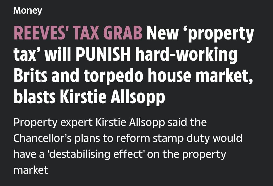 Mel Stride (@meljstride) on Twitter photo 'Location, Location, Location' star <a href="/KirstieMAllsopp/">Kirstie Allsopp</a> says Labour’s ‘property tax’ reforms will punish hard-working Brits and destabilise the housing market.
Kirstie's right. Maybe time for taxpayers to brace themselves for a new show: 'Taxation, Taxation, Taxation'. 'Location, Location, Location' star <a href="/KirstieMAllsopp/">Kirstie Allsopp</a> says Labour’s ‘property tax’ reforms will punish hard-working Brits and destabilise the housing market.
Kirstie's right. Maybe time for taxpayers to brace themselves for a new show: 'Taxation, Taxation, Taxation'.