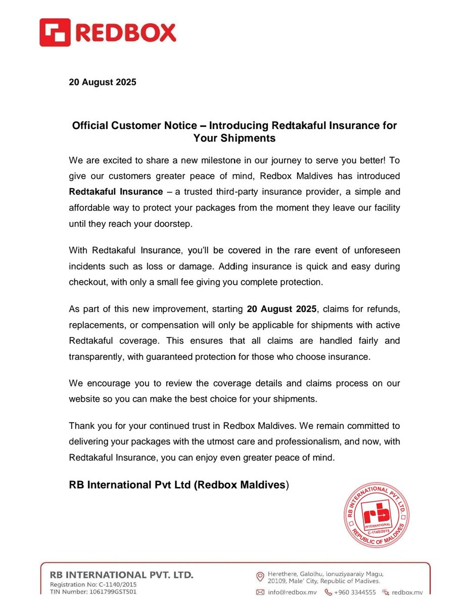 redboxmaldives's tweet photo. OFFICIAL CUSTOMER NOTICE - Introducing Red Takaful Agency  insurance for your shipments. https://t.co/ZL09nPliI3