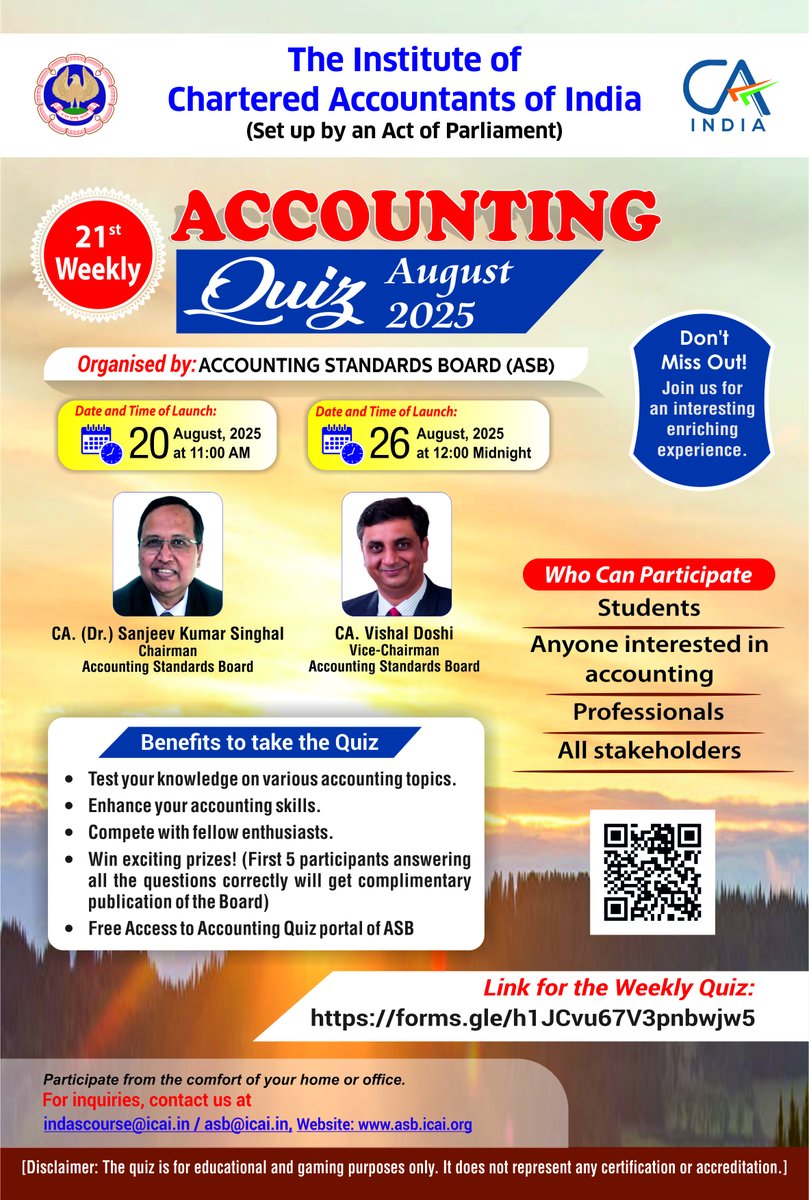 asbicai's tweet photo. Join the 21st Weekly Accounting Quiz by ICAI – ASB.  Test your skills, Win exciting prizes 
Open to all: students, professionals &amp; quiz enthusiasts
Quiz live from Aug 20, 11 AM – Aug 26, midnight Quiz avbl.@ https://t.co/RpkNSj2CGU #Accounting #QuizTime https://t.co/mzvoSUVOMm
