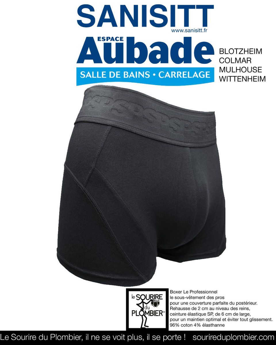 Dans le Haut-Rhin, Sanisitt Espace Aubade propose aux pros du bâtiment le boxer Le Professionnel. Le sourire du plombier, il ne se voit plus, il se porte ! 
Les agences sont ici sanisitt.fr/nos-magasins/  
#VêtementsDeTravail #workwear #plombier #chauffagiste #carreleur #alsace