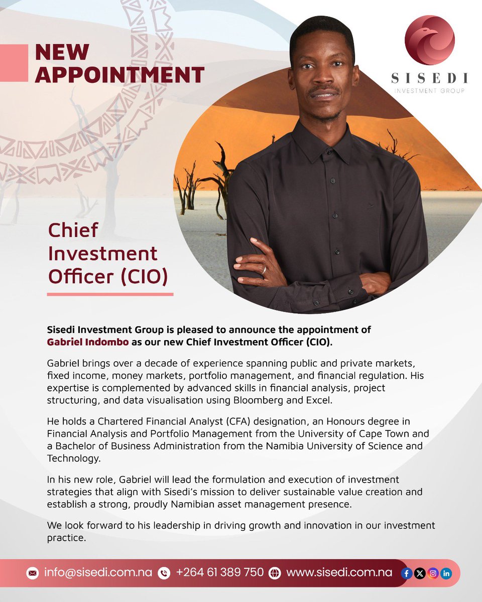 SisediG's tweet photo. NEW APPOINTMENT | We welcome Gabriel Indombo as Sisedi’s new Chief Investment Officer (CIO). 

We look forward to his leadership in driving growth and innovation in our investment practice. https://t.co/tWkGQ7HSGG