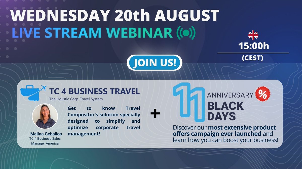 ⚠️Join our webinar today! | TC4 Business Travel + Black Days!⚠️

Don't miss this exclusive webinar where we’ll showcase how TC4 Business Travel, our specialized solution for managing corporate travel and all the details of our Black Days campaign!

acortar.link/RNr3Tn