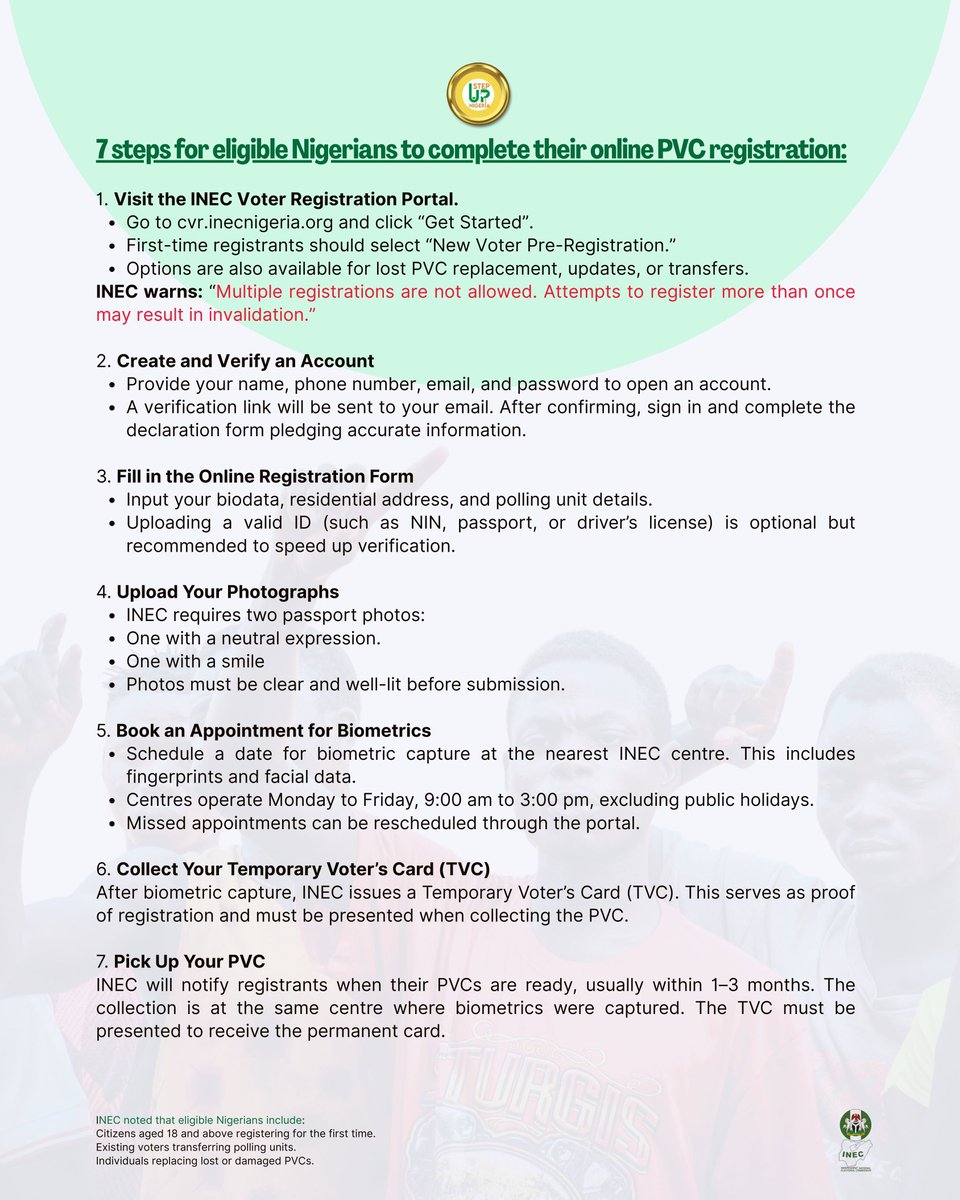 Step Up Nigeria celebrates the Independent National Electoral Commission’s (INEC) efforts to ensure inclusive and accessible voter registration for Nigeria’s 2027 general elections. Every voice matters in shaping a democratic future!

Follow INEC’s 7-step online pre-registration