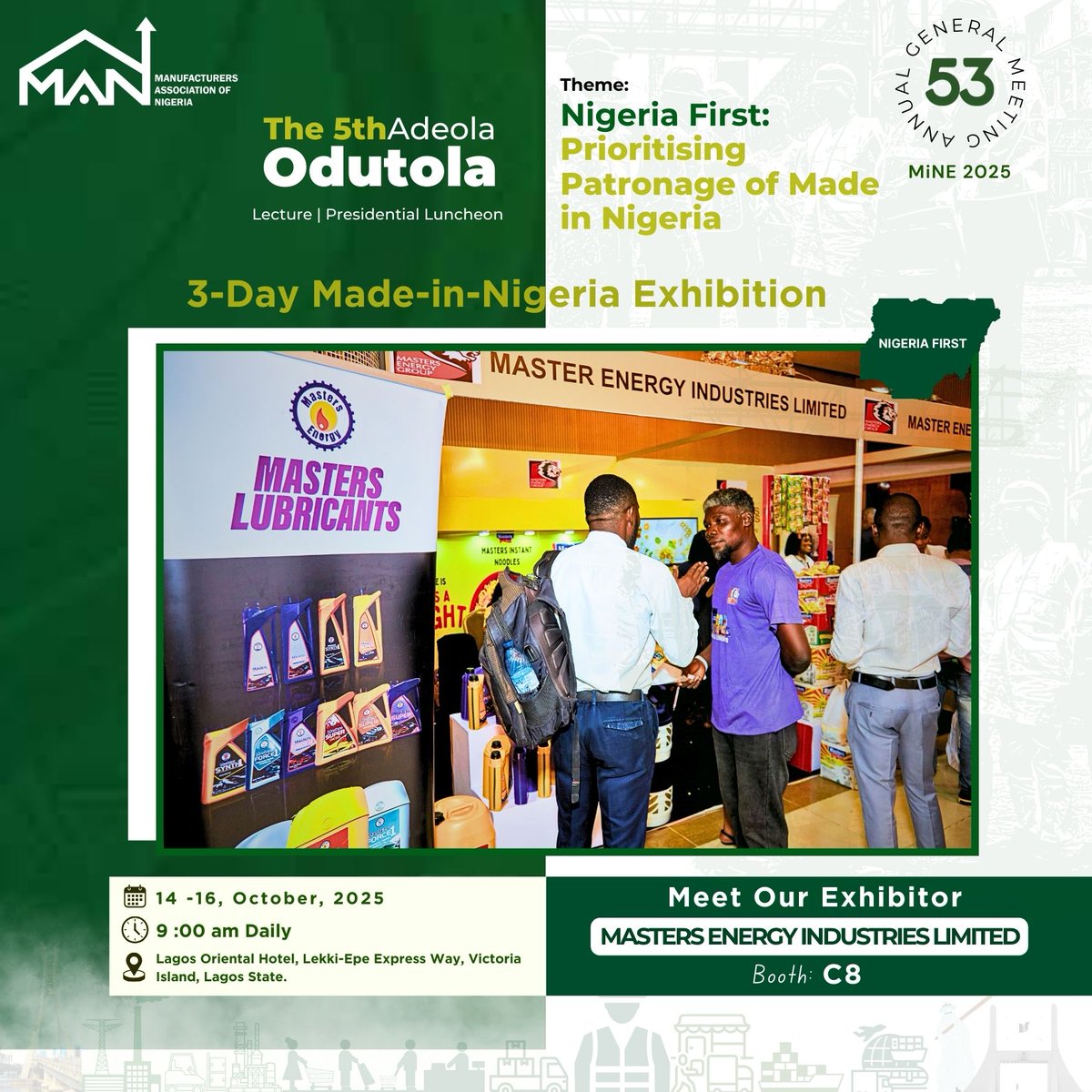 MAN Nigeria HQ (@man_ngr) on Twitter photo #MiNE2025: Meet Our Exhibitor
<a href="/masters_energy/">Masters Energy Group</a> is set to showcase its impressive range of Masters Lubricants and other innovative products at the Made in Nigeria Exhibition. Are you looking to learn more about their offerings? Their team will be available to connect with you. #MiNE2025: Meet Our Exhibitor
<a href="/masters_energy/">Masters Energy Group</a> is set to showcase its impressive range of Masters Lubricants and other innovative products at the Made in Nigeria Exhibition. Are you looking to learn more about their offerings? Their team will be available to connect with you.