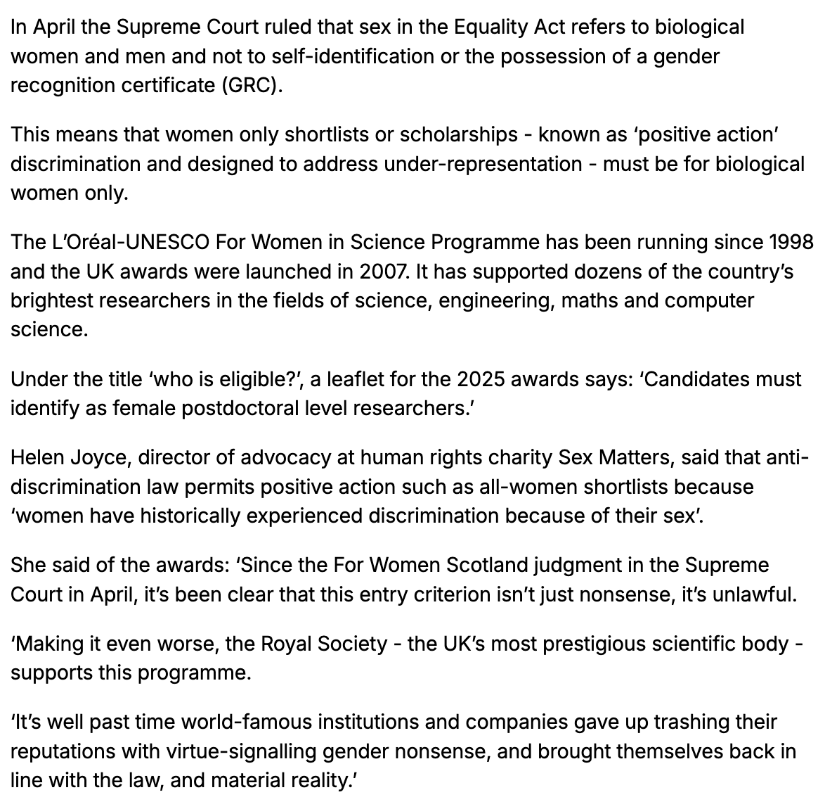 Sex Matters (@sexmattersorg) on Twitter photo Exclusive by <a href="/sammerriman_/">Sam Merriman</a> @dailymailuk
£25K Women in Science UK award from <a href="/LOrealGroupe/">L'Oréal Groupe</a> <a href="/UNESCO/">UNESCO 🏛️ #Education #Sciences #Culture 🇺🇳</a> <a href="/royalsociety/">The Royal Society</a> open to anyone who ‘‘identifies as a female postdoctoral level researcher”.
@hjoycegender: “This entry criterion isn’t just nonsense, it’s unlawful.” Exclusive by <a href="/sammerriman_/">Sam Merriman</a> @dailymailuk
£25K Women in Science UK award from <a href="/LOrealGroupe/">L'Oréal Groupe</a> <a href="/UNESCO/">UNESCO 🏛️ #Education #Sciences #Culture 🇺🇳</a> <a href="/royalsociety/">The Royal Society</a> open to anyone who ‘‘identifies as a female postdoctoral level researcher”.
@hjoycegender: “This entry criterion isn’t just nonsense, it’s unlawful.”