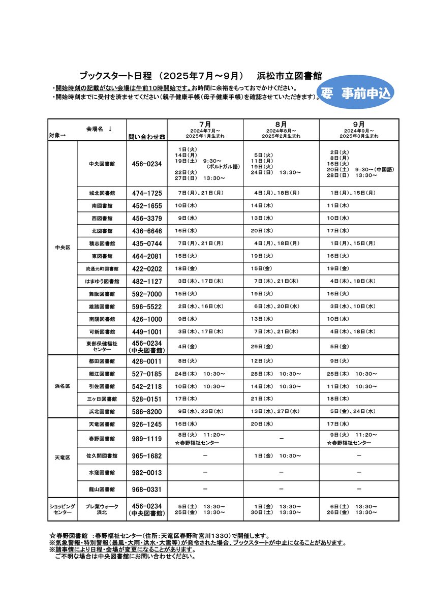 【ブックスタート】
 本日より、９月に行うブックスタートの受付を開始いたしました。 各日、予約先着順となっております。定員に達し次第受付終了となりますので、ご了承下さい。