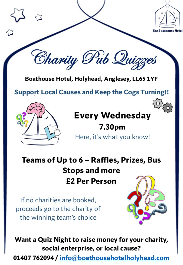 #Charitypubquiz tonight, Boathouse #Hotel #Holyhead #Anglesey 

<a href="/EventsNWales/">EventsNWales - Promoting Events in Wales</a> <a href="/CharityEventsUK/">Charity Events UK</a> <a href="/HHwelcome0/">Welcome To Holyhead - Croeso I Caergybi</a> <a href="/HolyheadMail/">Holyhead Mail</a> <a href="/AboutAnglesey/">All About Anglesey</a> <a href="/VisitAnglesey/">Visit Anglesey</a> <a href="/AngleseyScMedia/">Anglesey socialmedia</a> <a href="/HheadLifeboat/">RNLI Holyhead Lifeboat Station</a> <a href="/CanUcheldreCtr/">Ucheldre Holyhead</a> <a href="/TheWallich/">The Wallich | A homelessness charity in Wales</a> <a href="/angleseycircuit/">Anglesey Circuit</a>