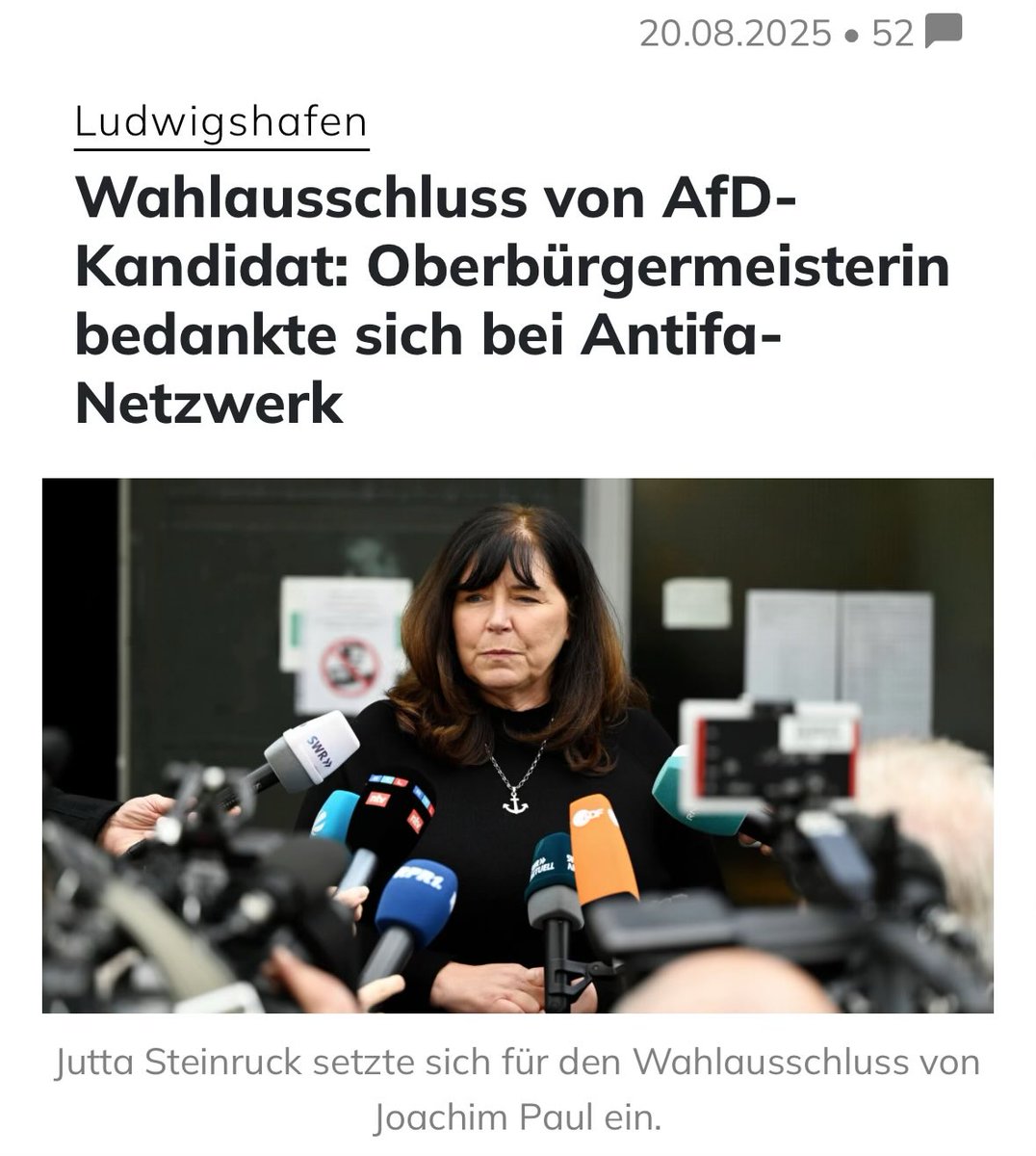 Die SPD-Oberbürgermeisterin macht gemeinsame Sache mit der linksextremen Antifa, um einen AfD-Kandidaten von der Wahl ausschliessen zu können.

Das ist nicht nur zu tiefst demokratiefeindlich, sondern ein rechtsstaatlicher Skandal.
