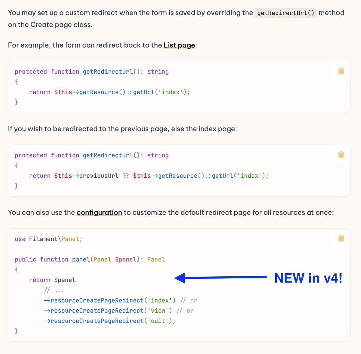Povilas Korop | Laravel Courses Creator & Youtuber (@povilaskorop) on Twitter photo Tip on <a href="/filamentphp/">Filament π¦</a>.
By default, after creating a record, you get redirected to Edit/View page.
You can change it in Create page with `getRedirectUrl()`.
Now in v4, change it GLOBALLY in AdminPanelProvider, with `resourceCreatePageRedirect()`.
Docs: filamentphp.com/docs/4.x/resouβ¦ Tip on <a href="/filamentphp/">Filament π¦</a>.
By default, after creating a record, you get redirected to Edit/View page.
You can change it in Create page with `getRedirectUrl()`.
Now in v4, change it GLOBALLY in AdminPanelProvider, with `resourceCreatePageRedirect()`.
Docs: filamentphp.com/docs/4.x/resouβ¦