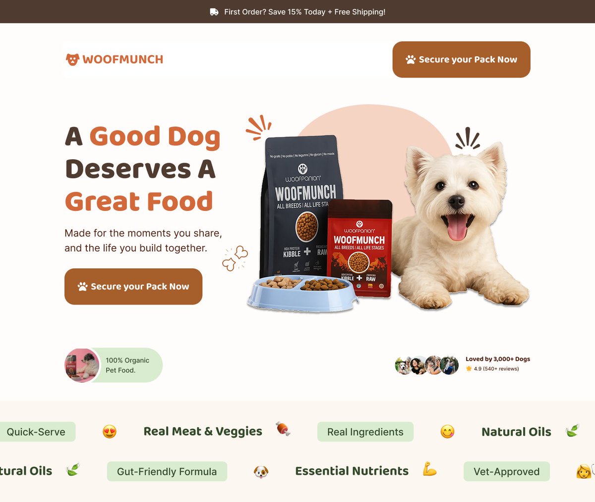 UxBeta's tweet image. Day 9 of my #30DayDesignChallenge 🐾

Desktop landing page for WoofMunch designed for a &amp;lt;3 min decision.

Headline: A good dog deserves good food
Clear, fast, distraction-free.

Is your landing page this effective?

#Ecommerce #UXDesign #CRO #DTC