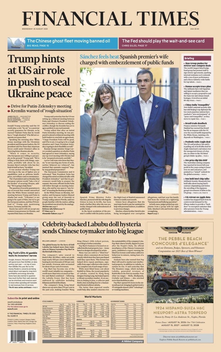 La esposa del presidente Sánchez acusada de malversación de fondos. Portada a todo color del Financial Times.