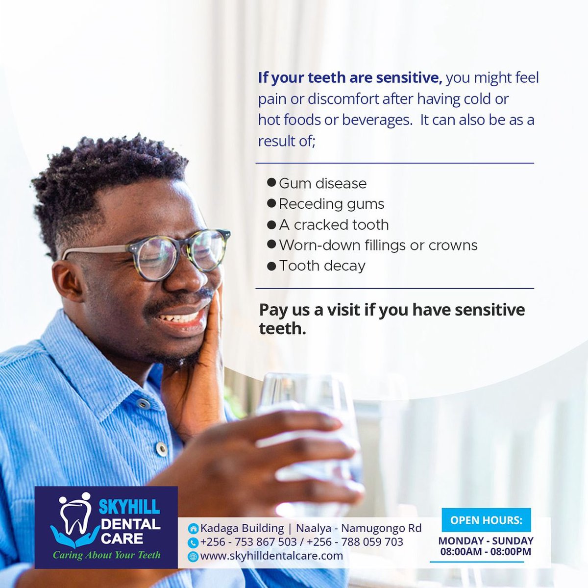 Skyhilldental's tweet image. If you are battling teeth sensitivity, these are the possible causes:

The good news is that we treat all of these causes here.

Make your bookings via +256 753 867 503/+256 788 059 703.

#TeethSensitivity
