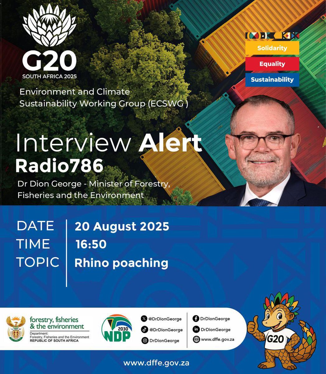 environmentza's tweet image. 𝗜𝗡𝗧𝗘𝗥𝗩𝗜𝗘𝗪 𝗔𝗟𝗘𝗥𝗧! 

Tune in to @radio786online this afternoon as Minister @DrDionGeorge discusses the urgent need to address illicit wildlife trade in South Africa and DFFE’s continuing critical fight against Rhino Poaching.

#NotOnOurWatch #RhinoConservation.