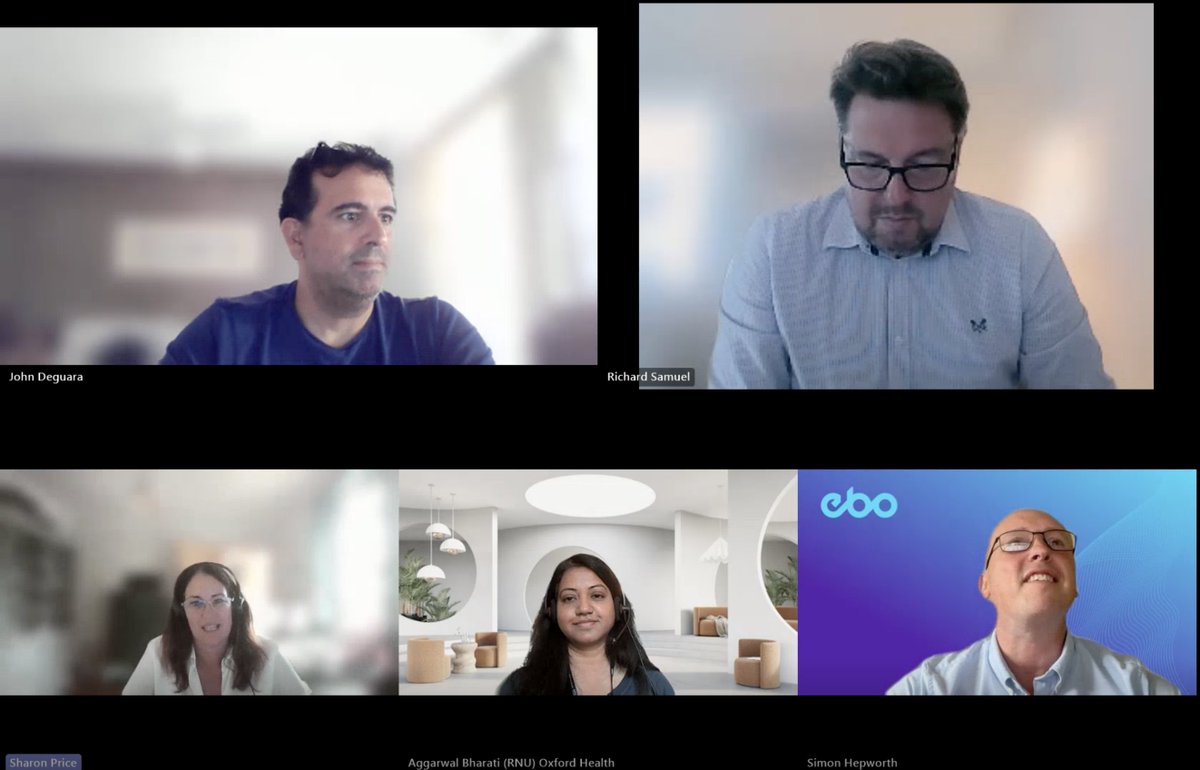 EBO (@ebo_ai) on Twitter photo Fantastic 5! 🌟 NHS experts from <a href="/OxfordHealthNHS/">Oxford Health NHS FT</a> and EBO.ai joined us for a live demo and panel discussion, and it was a BLAST!
Huge thanks to <a href="/AggarwalBharati/">Bharati Aggarwal</a> for sharing Oxford Health’s journey with EBO AI, and to our panel: <a href="/hepwors/">Simon hepworth</a>, Richard Samuel, John Fantastic 5! 🌟 NHS experts from <a href="/OxfordHealthNHS/">Oxford Health NHS FT</a> and EBO.ai joined us for a live demo and panel discussion, and it was a BLAST!
Huge thanks to <a href="/AggarwalBharati/">Bharati Aggarwal</a> for sharing Oxford Health’s journey with EBO AI, and to our panel: <a href="/hepwors/">Simon hepworth</a>, Richard Samuel, John