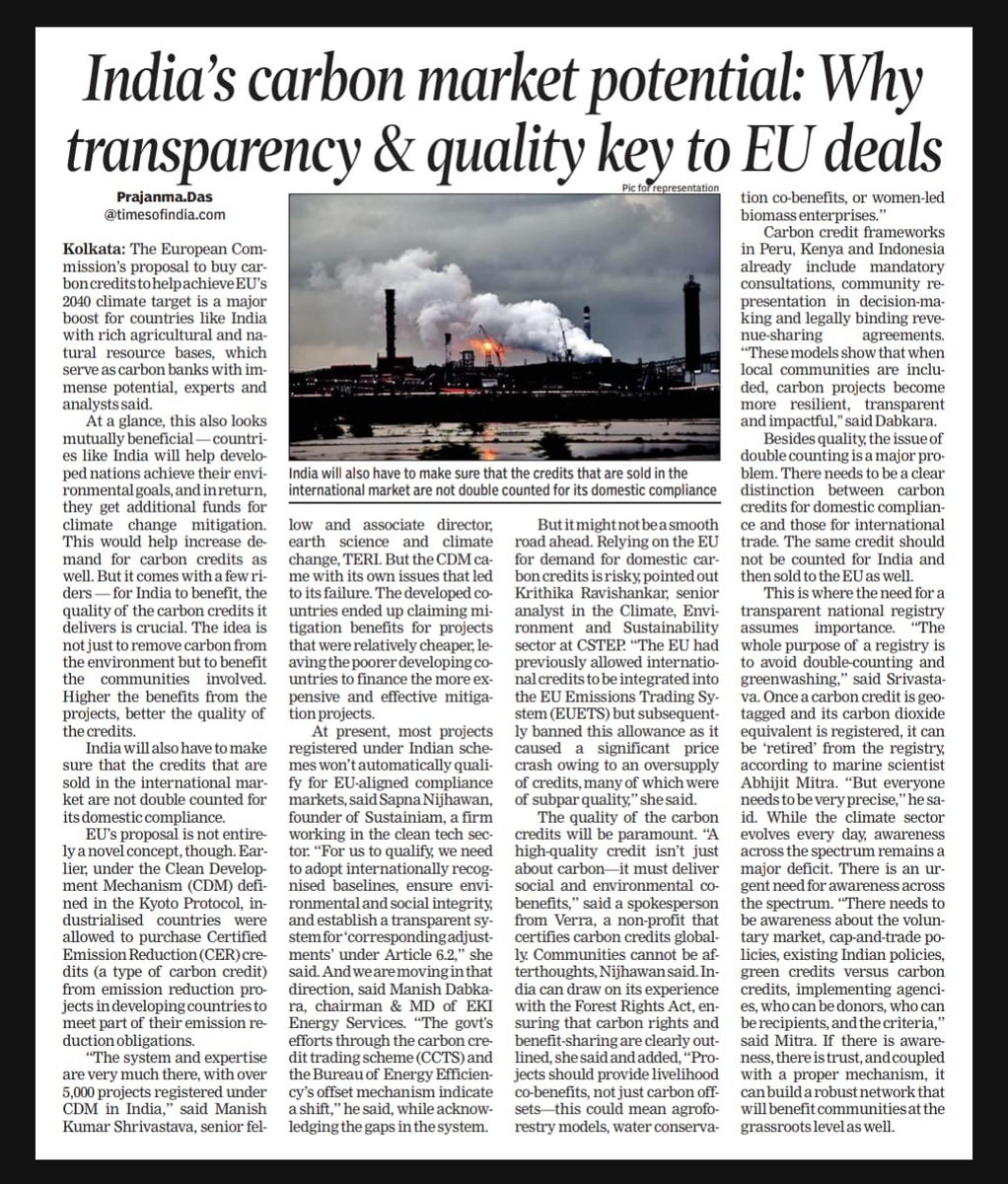 manishdabkara1's tweet image. Excited to share that I’ve been #featured in The #TimesofIndia discussing India’s carbon market potential and the importance of transparency and quality for engaging in impactful EU carbon deals.

The article highlights how the EU’s proposal to purchase carbon credits presents an…