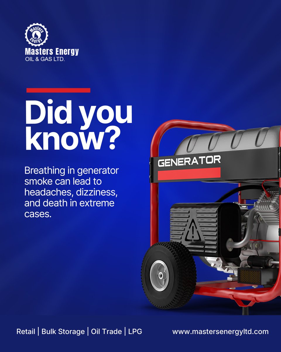 official_meogl's tweet photo. Always run generators outside, far from windows and doors, to keep fumes away from your living or working space.
Carbon monoxide is invisible but deadly. Stay safe.
#mastersenergyoilandgas #DidYouKnow #generator #BulkStorage https://t.co/k8zbkX9E6U