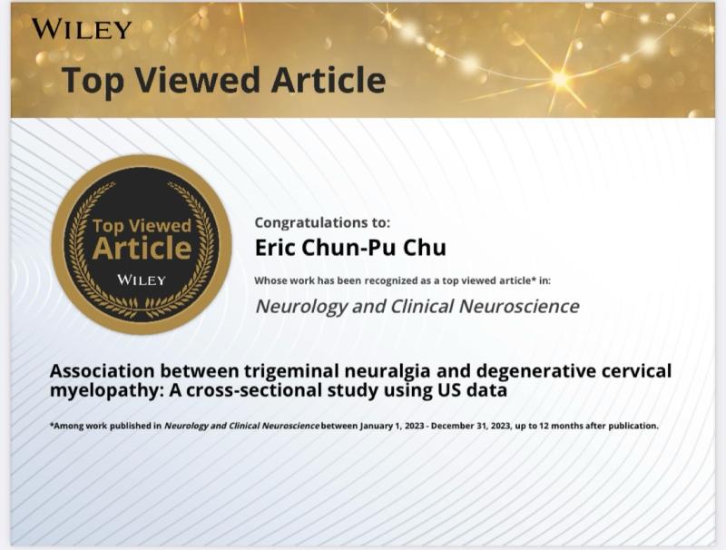 NYMG1's tweet photo. Eric Chun Pu Chu received "Wiley Top Viewed Paper" at the Japanese Society of Neurology's Neurology and Clinical Neuroscience https://t.co/BQ4Y6Lox5M https://t.co/QmRUvvz8rp