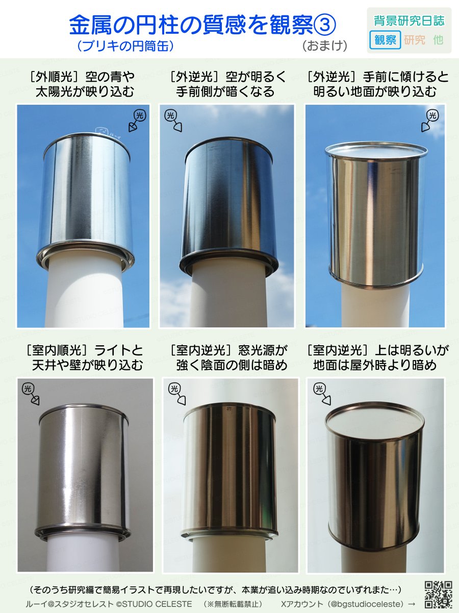 #背景研究日誌
金属の円柱の質感を観察③
屋外と室内でも撮りました