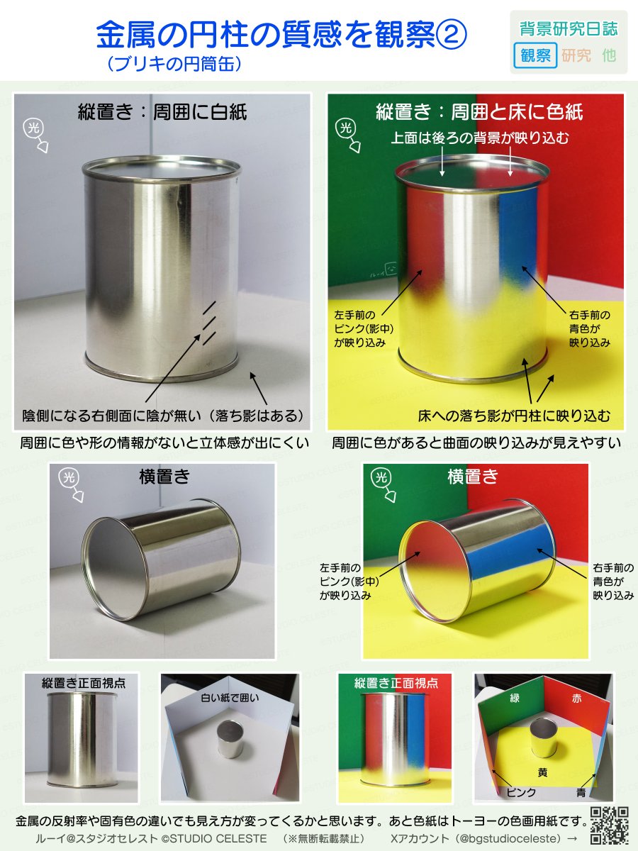 #背景研究日誌
金属の円柱の質感を観察②
周囲に白紙や色紙を置いて比較しました