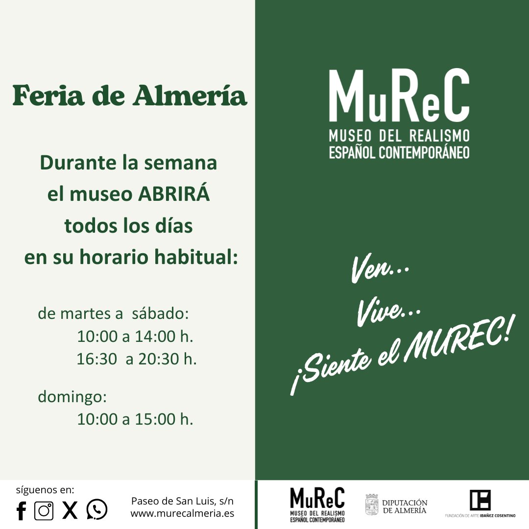 🤩 ¿Qué te parece combinar arte y feria?
🎡 El #MUREC abre en su horario habitual durante la #FeriadeAlmería. Ven, disfruta de nuestras salas y vive lo mejor del arte realista.

⏰ De martes a sábado: 10:00 – 14:00 h y 16:30 – 20:30 h
Domingo: 10:00 – 15:00 h (entrada gratuita)