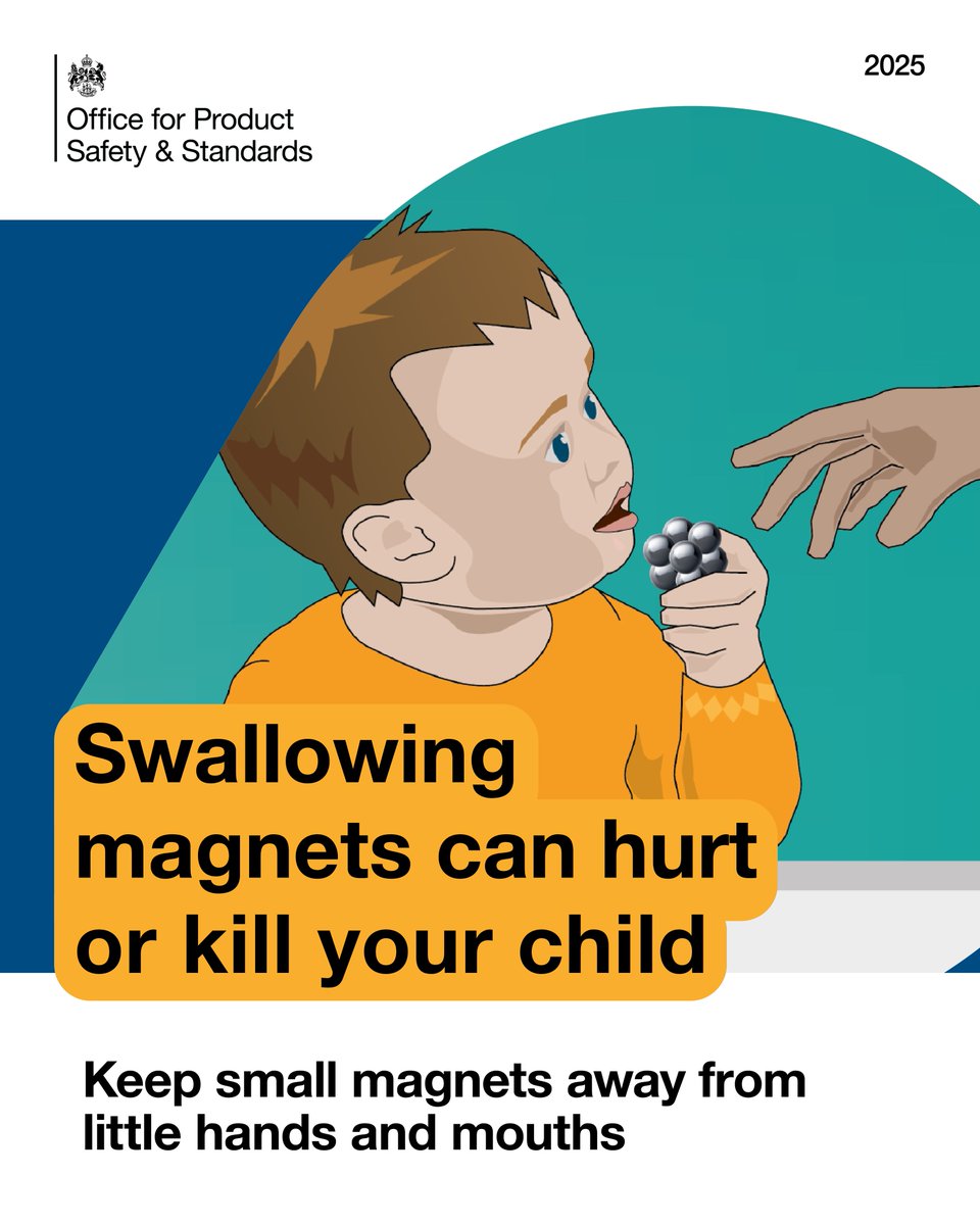 If your child swallows magnets, they can be forced together in the intestines or bowels. This squeezes the tissue and cuts off blood supply, which can quickly cause harm and kill.

❗ Store magnets out of a child’s reach.

#SmallHazardsBigHarm