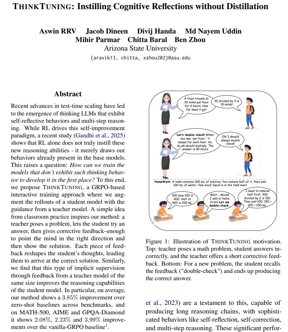 🎉𝐄𝐱𝐜𝐢𝐭𝐞𝐝 𝐭𝐨 𝐬𝐡𝐚𝐫𝐞 𝐭𝐡𝐚𝐭 𝐨𝐮𝐫 𝐧𝐞𝐰 𝐩𝐚𝐩𝐞𝐫, "ThinkTuning", 𝐢𝐬 𝐧𝐨𝐰 𝐨𝐮𝐭! 🎉

🔄RL merely draws out behaviors already present in the base models. Sophisticated thinking behaviors like self-reflection, self-correction and other multi-step reasoning