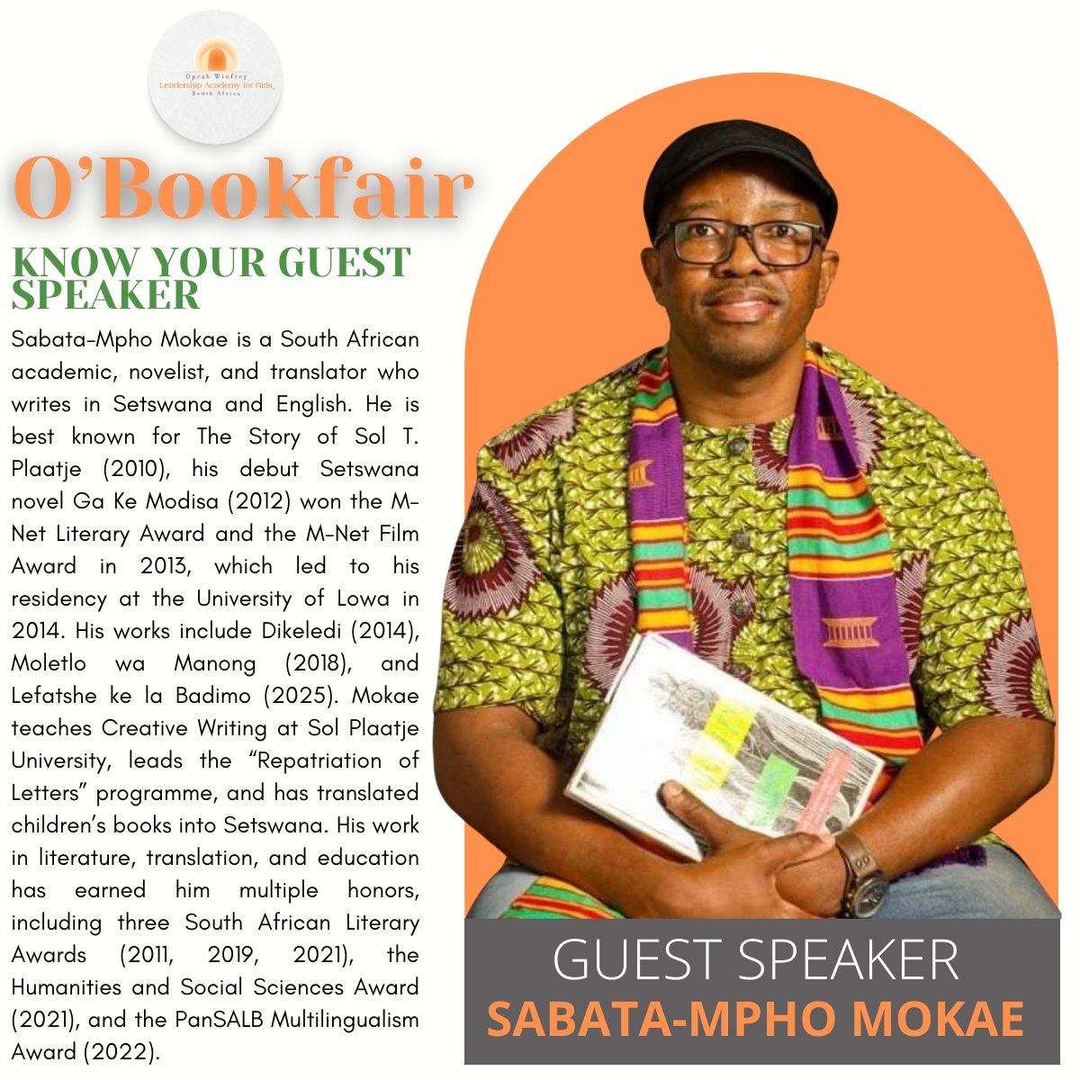 mokaewriter's tweet image. On Friday, August 22, the Unknown Novelist, author of the "Lefatshe ke la Badimo," will be the guest speaker at the annual O' Bookfair, held at the Oprah Winfrey Leadership Academy for Girls. 
#obookfair
#lefatshekelabadimo