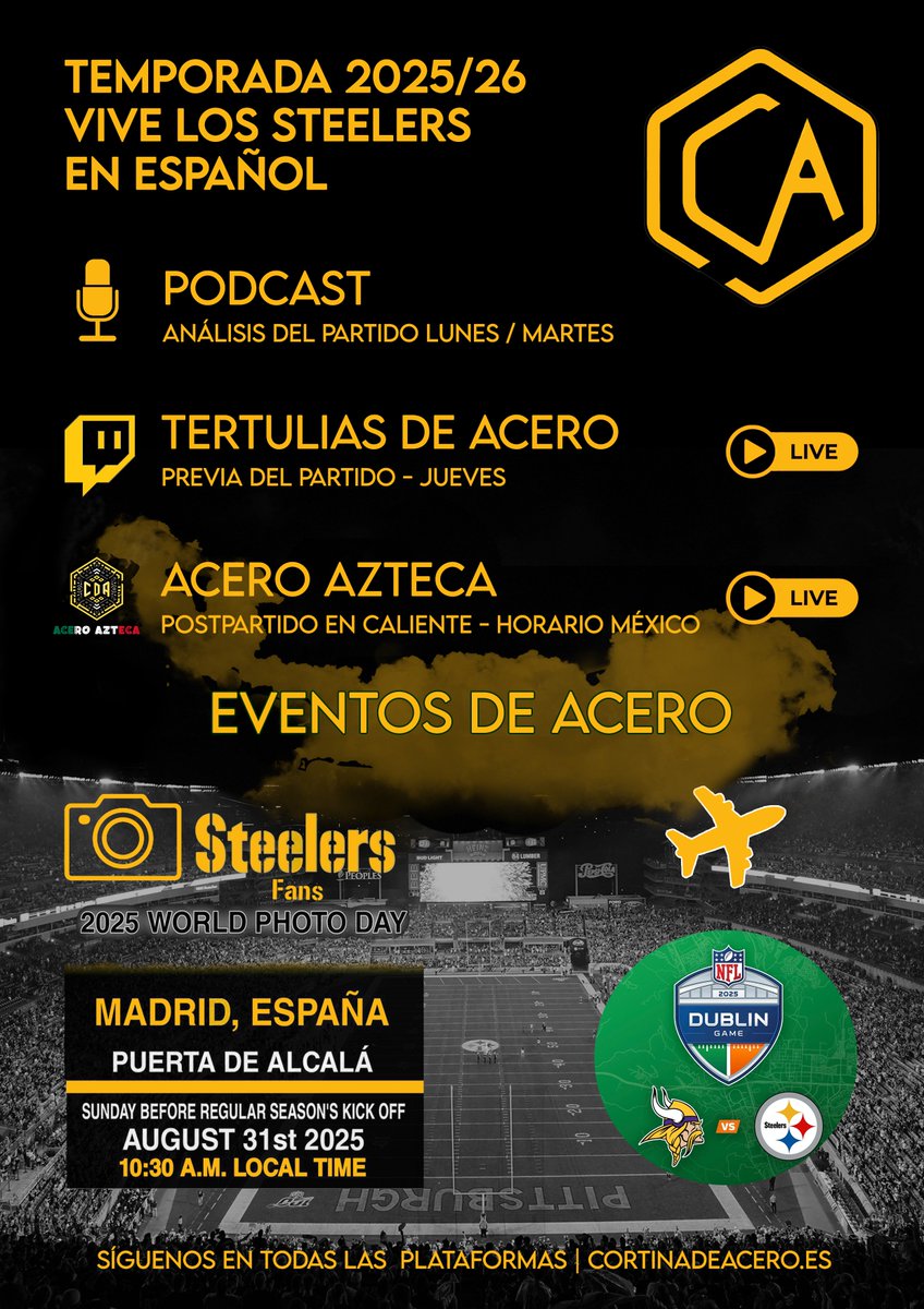 🚨 Arranca la temporada 2025/26 de Cortina de Acero
Así vamos a vivir cada semana a nuestros Steelers:
🎙️ Podcast
💬 Tertulias de Acero
🇲🇽 Acero Azteca
✈️ Eventos especiales (Madrid &amp; Dublín)

👉 Aquí tienes nuestra hoja de ruta 👇
#HereWeGo #steelers