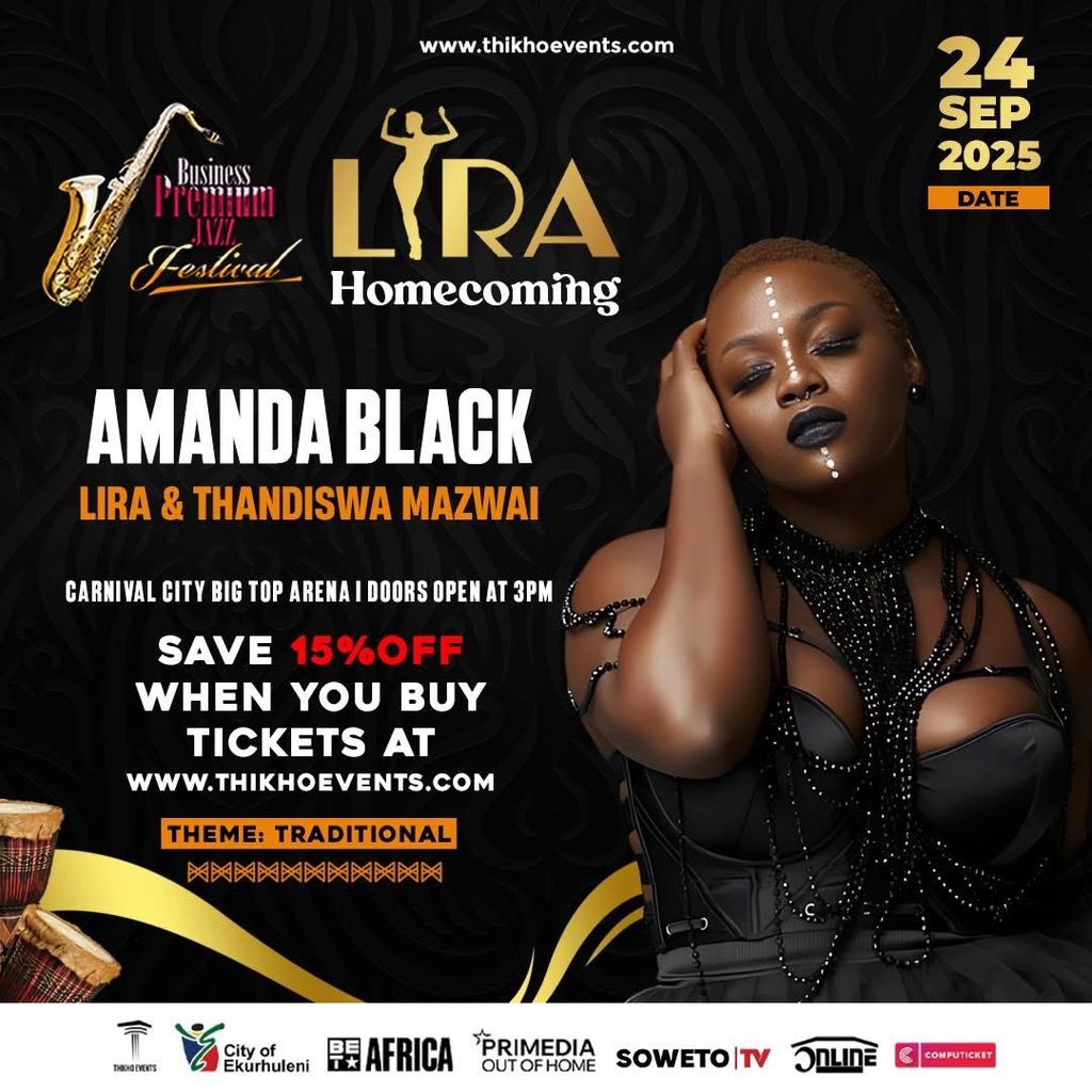 Amanda Black is celebrating HERitage day at #LIRAHomecoming live at the #BusinessPremiumJazzFest — 24 Sept 2025 at Carnival City Big Top Arena. 

Doors open at 15:00 and show starts at 17:00 - 21:00 

Tickets available online today, save 15% when you buy your tickets online at:
