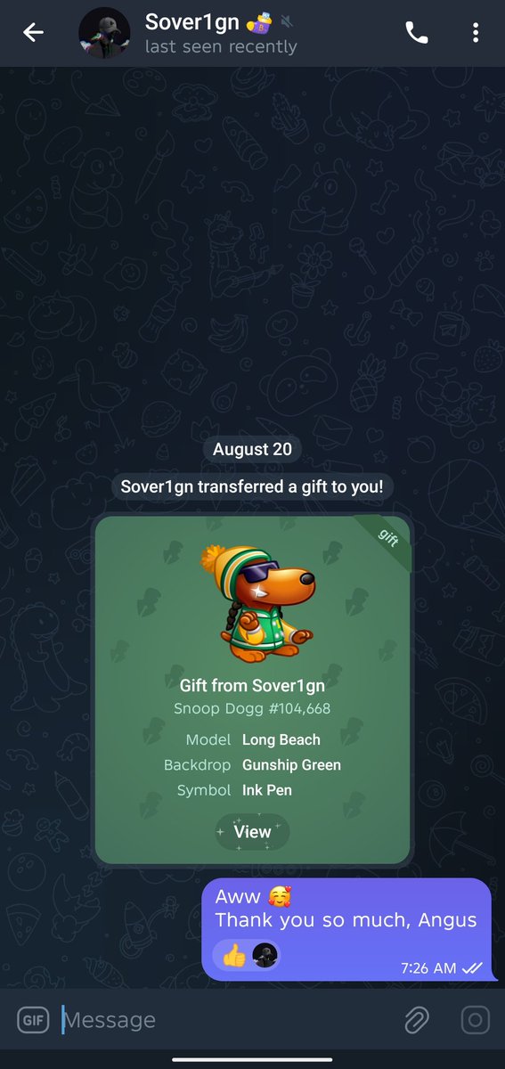 A huge thank you to Angus for this Snoop Dogg gift 😍

My first ever gift on Telegram.
Thank you, <a href="/Sover1gn/">Angus 自主</a> ☺️