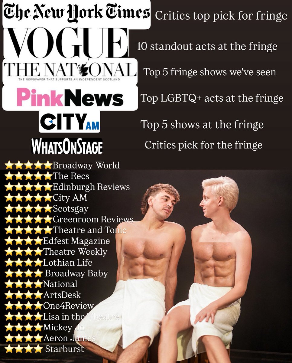 Fit press for #FitPrince 🔥

The reviews have been hotter than a Swedonian sauna! Being a top pick by both <a href="/voguemagazine/">Vogue Magazine</a> and <a href="/nytimes/">The New York Times</a> is WILD! We are having the BEST time and there are only SIX chances left to catch the show! Get those tix while you can!

#edfringe
🎟 in bio