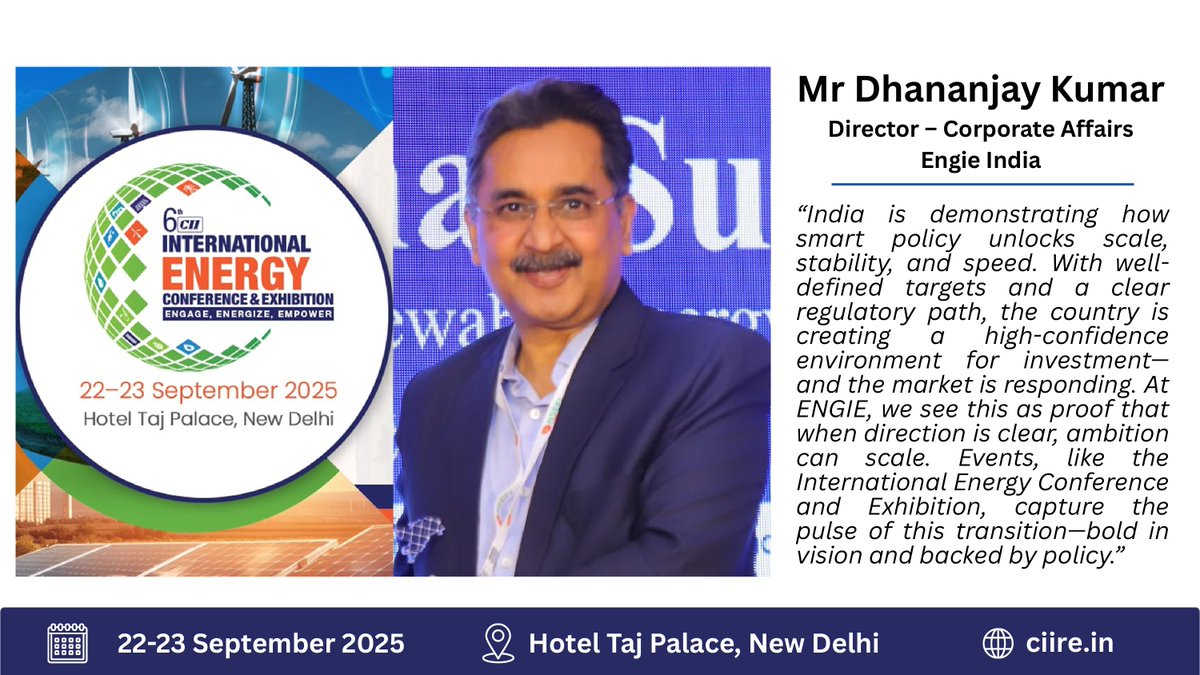 CII Energy Department (@ciienergy) on Twitter photo 🌍 Mr Dhananjay Kumar, Director-Corporate Affairs, <a href="/ENGIEINDIA/">ENGIE INDIA</a>, shares his view on driving India’s renewable energy transition.
🗓️22-23 September 2025 | New Delhi
🔗Register now: ciire.in
#IECE2025 #EnergyTransition 🌍 Mr Dhananjay Kumar, Director-Corporate Affairs, <a href="/ENGIEINDIA/">ENGIE INDIA</a>, shares his view on driving India’s renewable energy transition.
🗓️22-23 September 2025 | New Delhi
🔗Register now: ciire.in
#IECE2025 #EnergyTransition