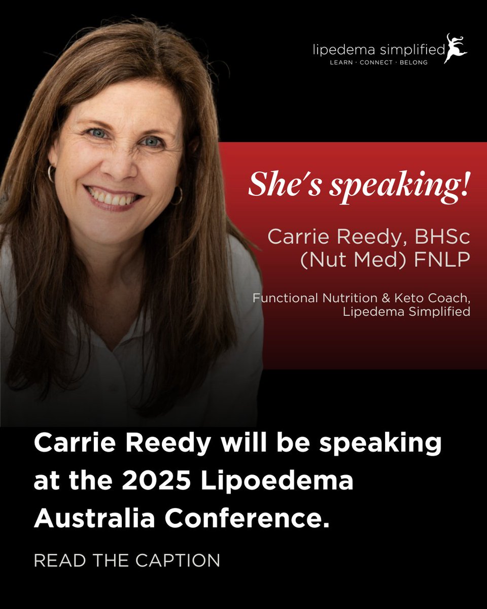 We’re thrilled to share that Carrie Reedy, BHSc (Nut Med) FNLP, Functional Nutrition &amp; Keto Coach, will be taking the stage at the 2025 Lipoedema Australia Conference. Learn more: lipoedemaaus.eventsair.com/2025-conferenc… 

#lipedema #lipedemaawareness #lipedemasimplified #lipedemaaustralia
