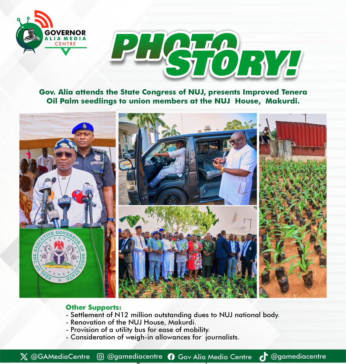 Governor Alia Media Centre (@gamediacentre) on Twitter photo Photo Story 📸: Gov. <a href="/HyacinthAlia/">Fr. Hyacinth Iormem Alia</a> attends the State Congress of NUJ, pledges support for Journalists, and presents Improved Tenera Oil Palm seedlings to union members at the NUJ House, Makurdi. Photo Story 📸: Gov. <a href="/HyacinthAlia/">Fr. Hyacinth Iormem Alia</a> attends the State Congress of NUJ, pledges support for Journalists, and presents Improved Tenera Oil Palm seedlings to union members at the NUJ House, Makurdi.