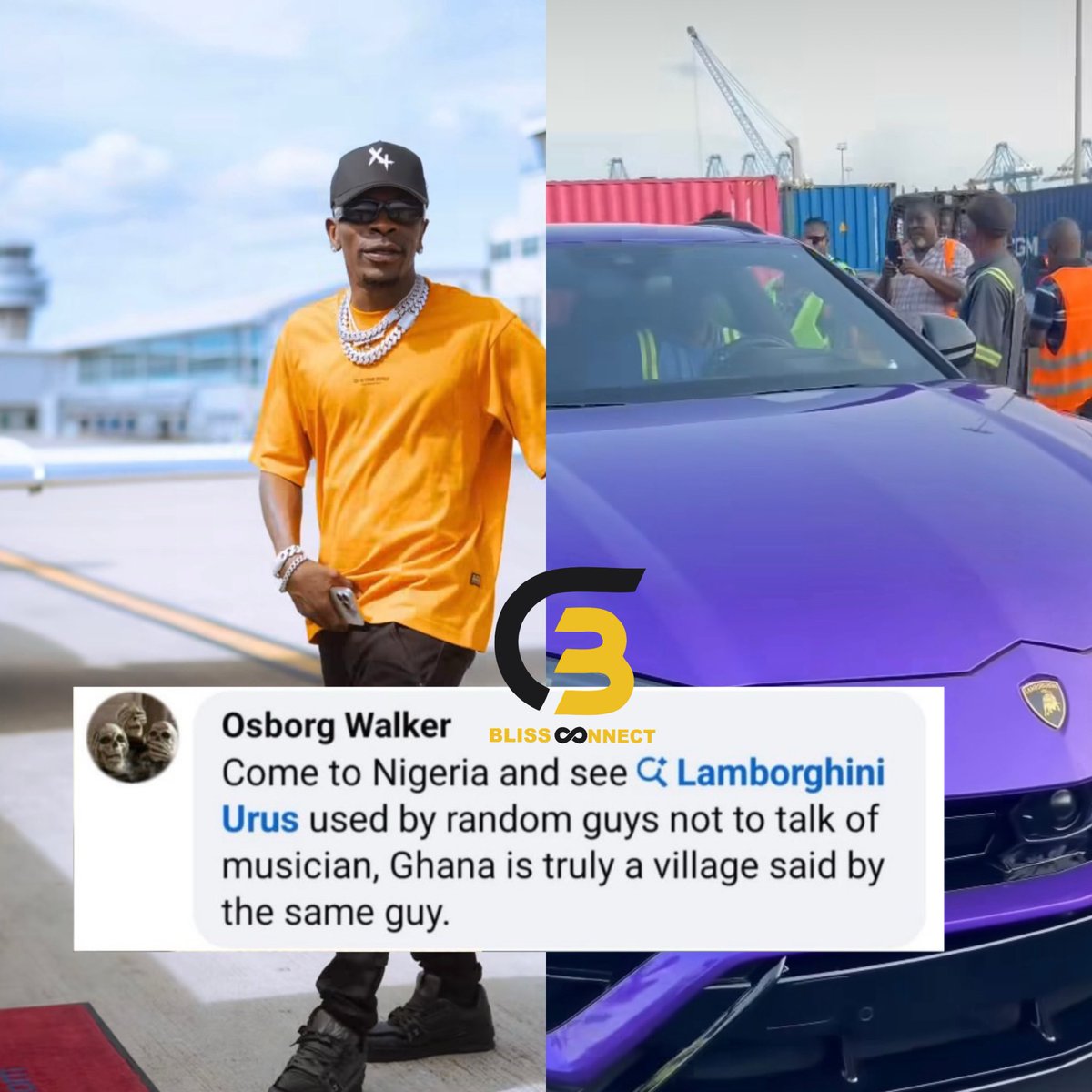 bliss_connect's tweet photo. “Only in Nigeria! Fans using Lamborghini Urus just to talk about top musicians 😳 Meanwhile, Shatta Wale rolls into Ghana with a brand-new Lambo and Nigerians can’t help but mock Ghanaian celebs 😂 Who’s really flexing harder? #ShattaWale #Lamborghini #GhanaVsNigeria #CelebDrama https://t.co/OpnAQz8vib
