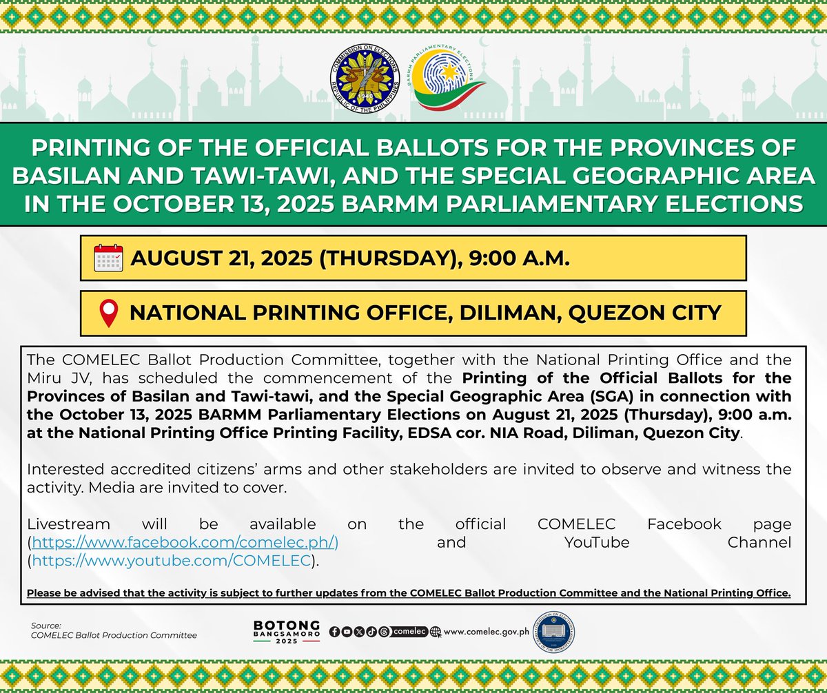 COMELEC's tweet image. 𝐀𝐃𝐕𝐈𝐒𝐎𝐑𝐘 | 𝐏𝐑𝐈𝐍𝐓𝐈𝐍𝐆 𝐎𝐅 𝐓𝐇𝐄 𝐎𝐅𝐅𝐈𝐂𝐈𝐀𝐋 𝐁𝐀𝐋𝐋𝐎𝐓𝐒 𝐅𝐎𝐑 𝐓𝐇𝐄 𝐏𝐑𝐎𝐕𝐈𝐍𝐂𝐄𝐒 𝐎𝐅 𝐁𝐀𝐒𝐈𝐋𝐀𝐍 𝐀𝐍𝐃 𝐓𝐀𝐖𝐈-𝐓𝐀𝐖𝐈, 𝐀𝐍𝐃 𝐓𝐇𝐄 𝐒𝐏𝐄𝐂𝐈𝐀𝐋 𝐆𝐄𝐎𝐆𝐑𝐀𝐏𝐇𝐈𝐂 𝐀𝐑𝐄𝐀 𝐅𝐎𝐑 𝐓𝐇𝐄 𝐎𝐂𝐓𝐎𝐁𝐄𝐑 𝟏𝟑, 𝟐𝟎𝟐𝟓 𝐁𝐏𝐄

#COMELEC