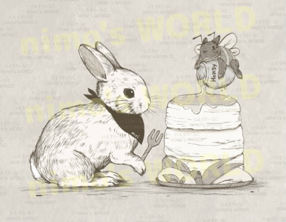 新作「ハニーandバニー」
うさぎ×食べ物シリーズ⑨
バニーの日も蜂蜜の日にも間に合わず…やっと完成！
ハニバニちゃんはクマバチとミツバチのイメージ🍯

#イラスト #うさぎイラスト #芸術の輪
#art #foodillustration #cuteart #私を布教して #うさぎ×食べ物 #はちみつ #パンケーキ #スイーツ