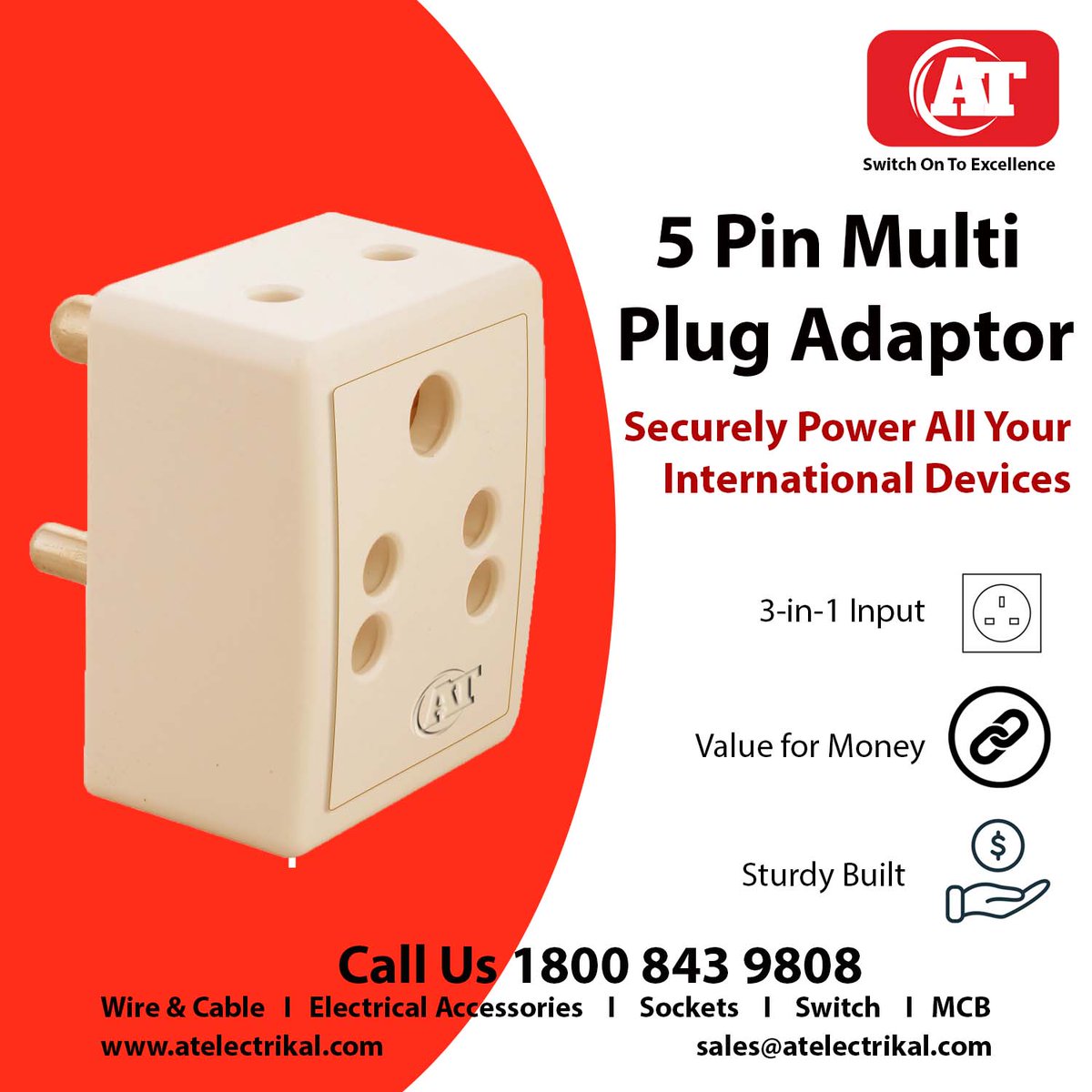 ATELECTRIKAL's tweet image. 5 Pin Multi Plug Adaptor with 3-in-1 input, sturdy build, and reliable performance to power all international devices safely. #MultiPlug #5PinAdaptor #ATKabel #ElectricalAccessories #PowerSolutions #SturdyDesign #InternationalAdaptor #SafeWiring #ValueForMoney #DurableQuality