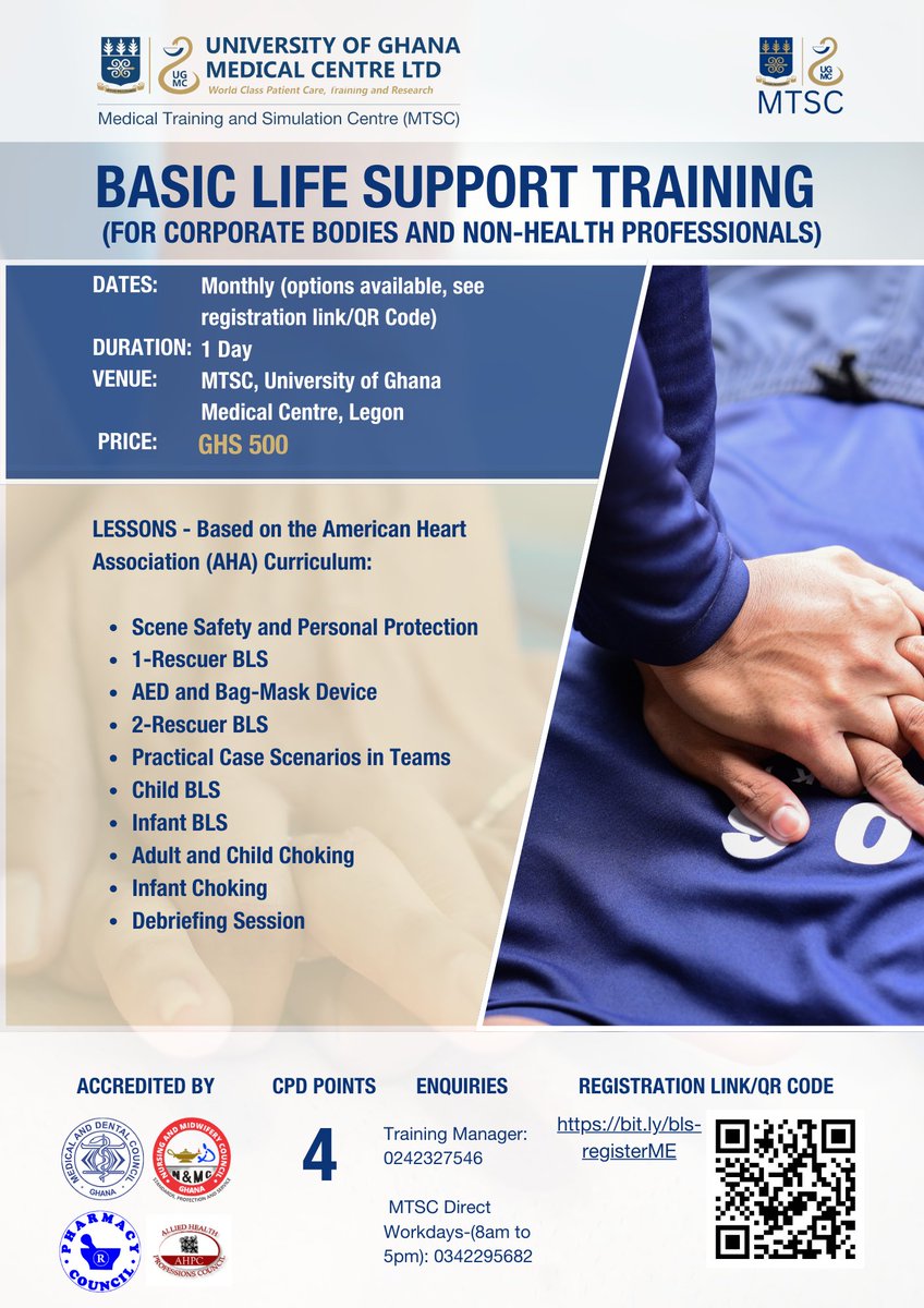 UGMCSim's tweet image. Monthly Basic Life Support (BLS) training is available for health professionals, non-health professionals and corporate bodies at the MTSC. Use registration link or QR code to register for a session which fits your schedule.
#ugmcsim #healthsimulation #simulation #cpd #healthcare