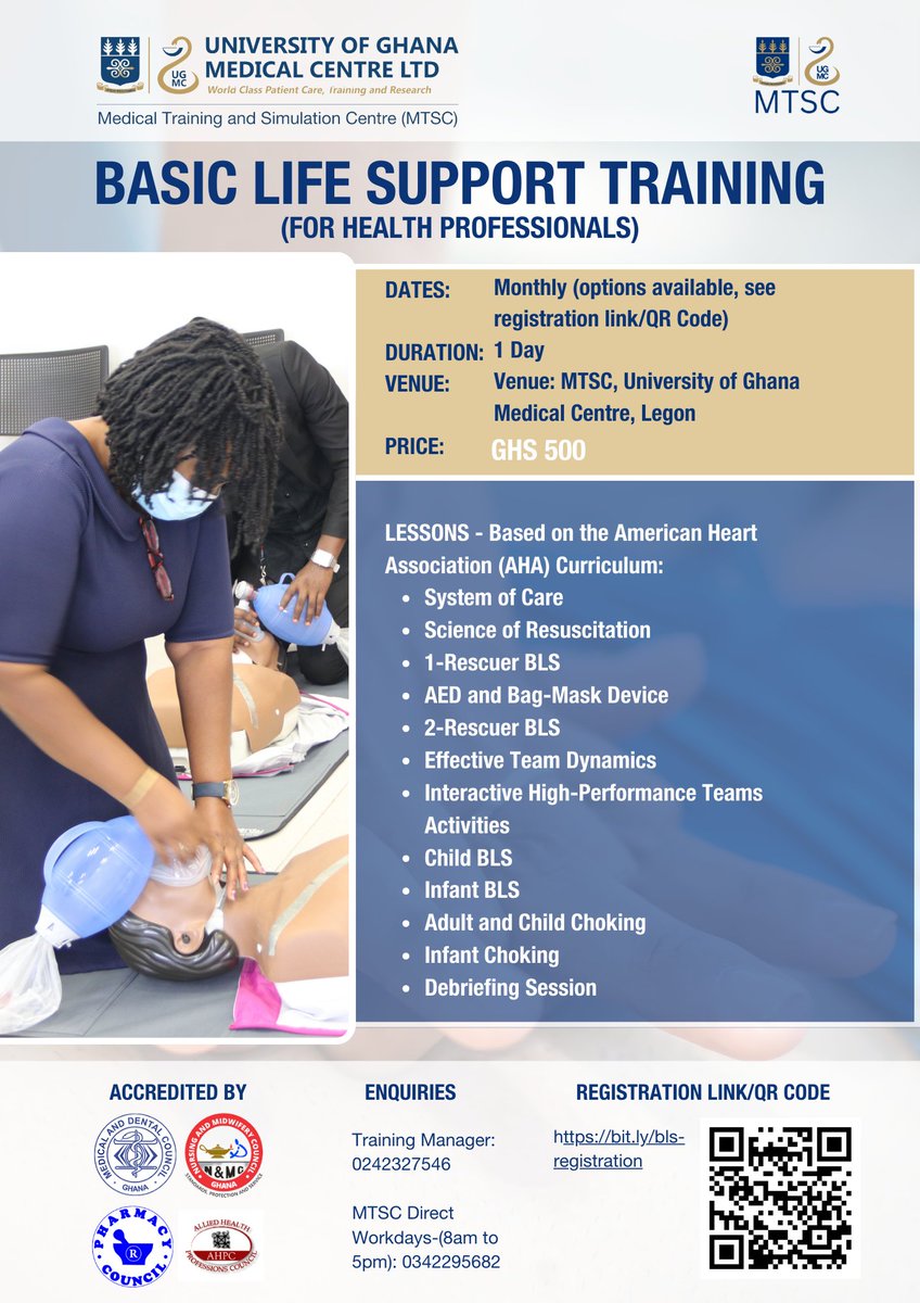 UGMCSim's tweet image. Monthly Basic Life Support (BLS) training is available for health professionals, non-health professionals and corporate bodies at the MTSC. Use registration link or QR code to register for a session which fits your schedule.
#ugmcsim #healthsimulation #simulation #cpd #healthcare