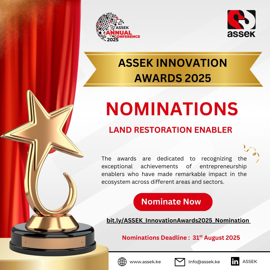 ASSEK INNOVATION AWARDS 2025!

Know a land restoration enabler making a big impact? 

👉 Nominate them now: bit.ly/ASSEK_Innovati…

⏳ Deadline: 31st Aug 2025

#ASSEK #InnovationAwards2025 #Sustainability #Impact