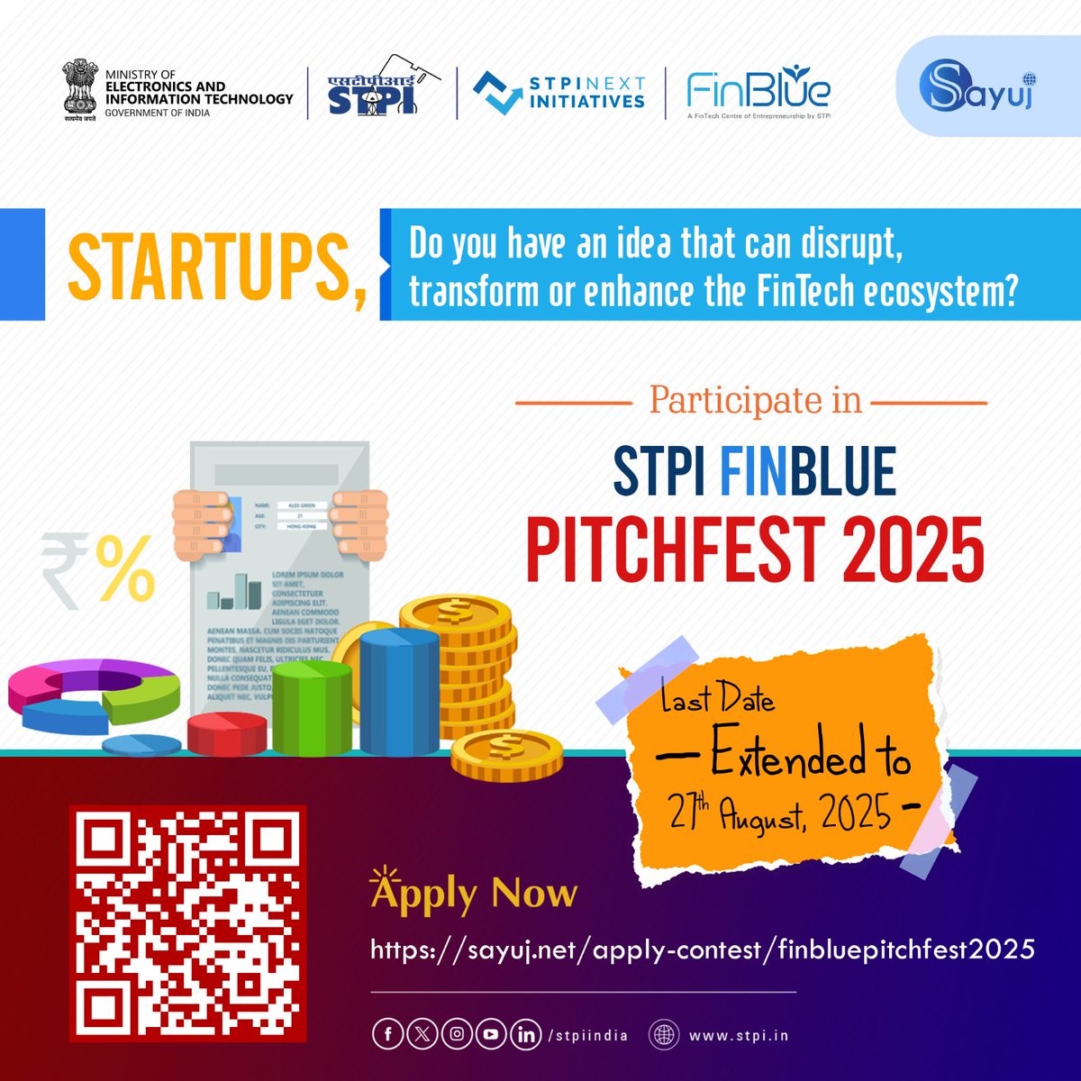 Exciting news for tech startups! ✨
📢 The deadline for STPI FinBlue PitchFest 2025 has been extended to 27th August, 2025! ⏳

If you are working on impactful solutions in the FinTech ecosystem, participate in the Pitchfest, showcase your innovative ideas and fast-track your