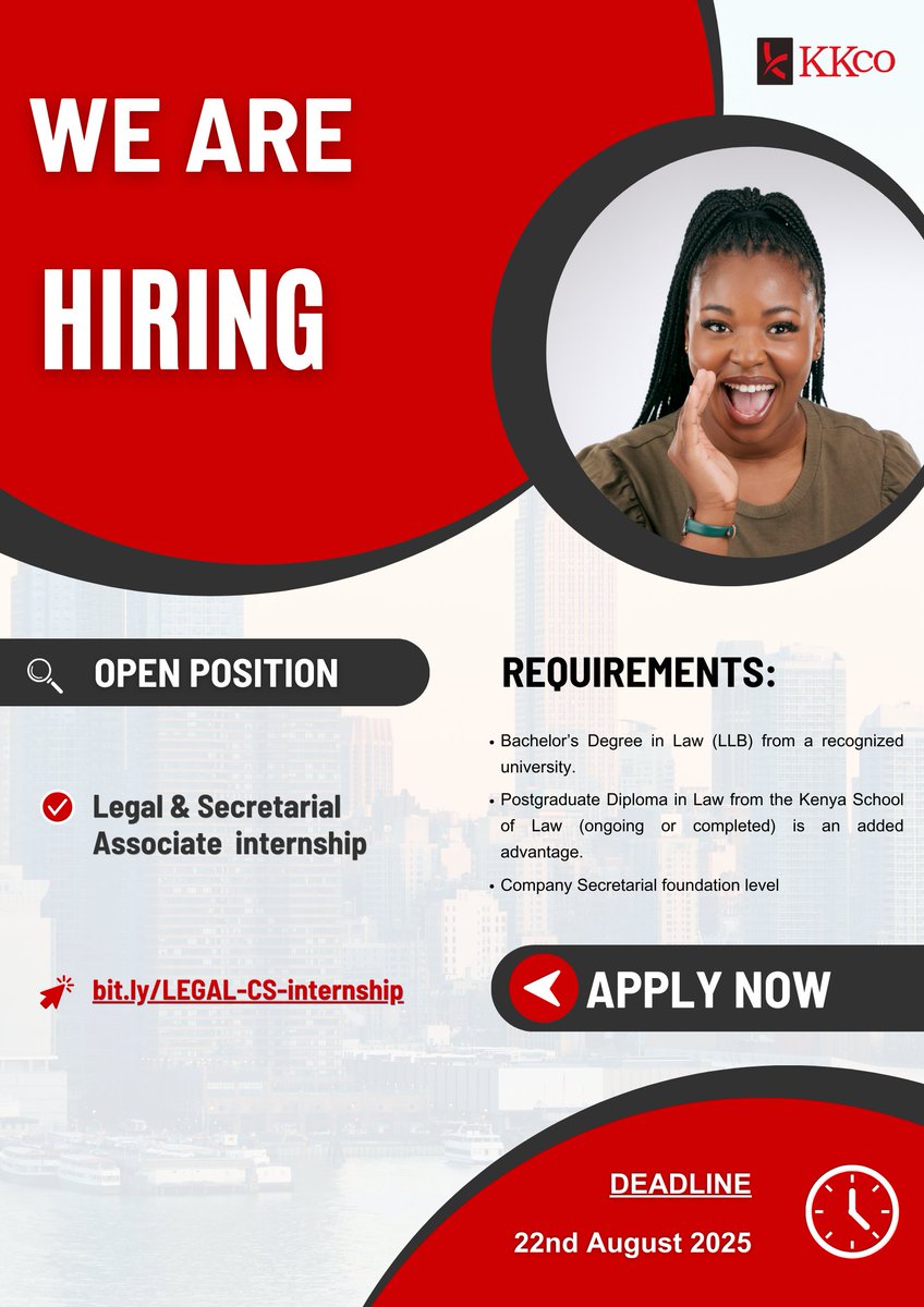 KKco_EastAfrica's tweet photo. Kickstart your career with a Legal and Company Secretarial Associate Internship opportunity at KKCO East Africa LLP!

If you're eager to learn, detail-oriented, and ready to grow in a reputable firm, apply now via https://t.co/kqSVQuXKOQ before the 22nd August 2025 deadline.

#InternshipOpportunity #LegalInternship #CompanySecretarialInternship #JoinOurTeam #HiringInNairobi #KKCOEastAfrica #BusinessInternship #NairobiJobs #CareerKickstart #GraduateOpportunities #WorkInKenya #ProfessionalGrowth #Internship2025 #ApplyNow #JobAlertKenya #FreshGraduateOpportunity