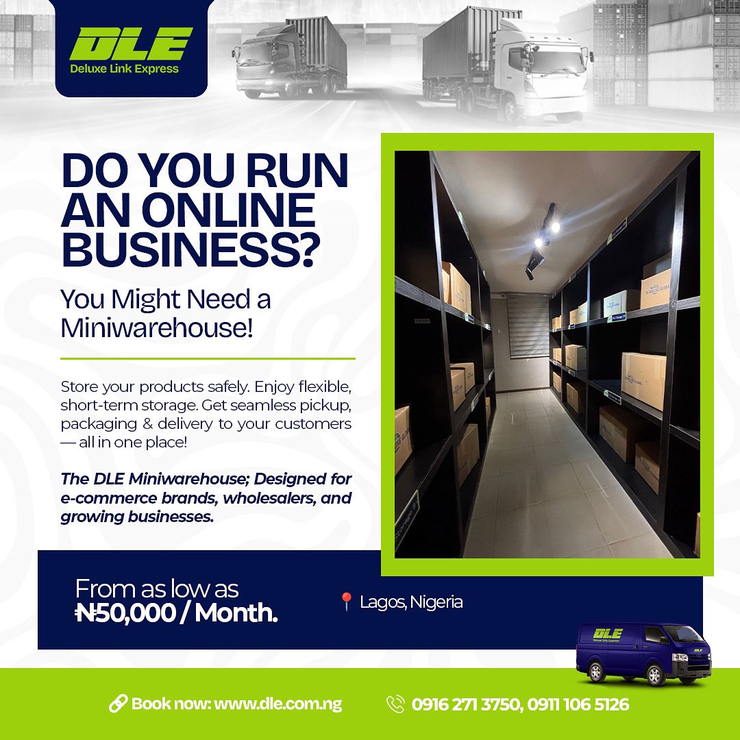 DLE_Nigeria's tweet photo. Your storage problem just got solved! With the DLE Miniwarehouse, get safe &amp; flexible storage starting from ₦50,000/month. Perfect for e-commerce &amp; SMEs. 
#DLEMiniwarehouse #StorageMadeSimple #ShipWithDLE #Ecommerce #business #vendors #EcommerceSupport https://t.co/JkjC0cJ9Yv
