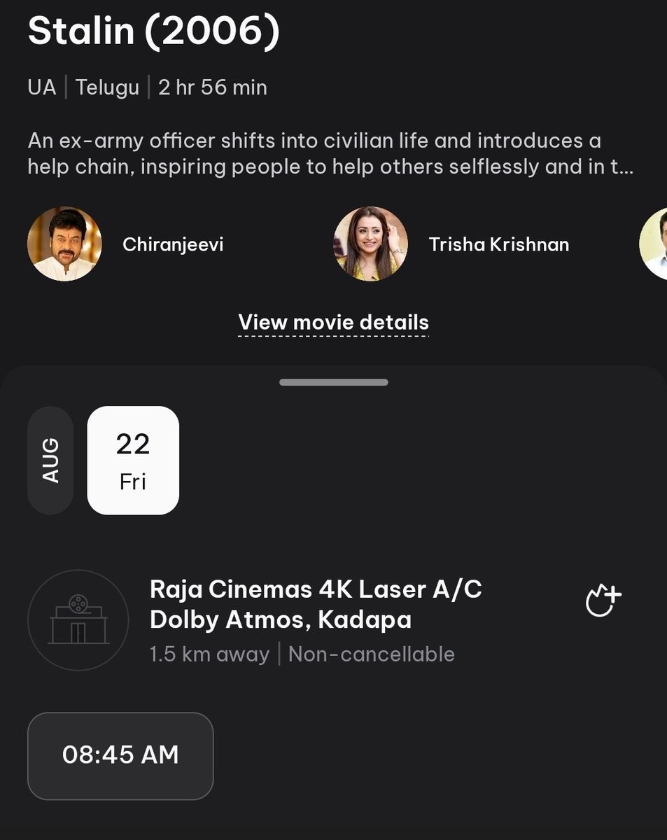 Chiruholic (@chiruholicc) on Twitter photo MEGASTAR #Chiranjeevi #Stalin4K
Kadapa #StalinReRelease Show Bookings opened in Raja Cinemas 4K
Book your tickets in District App 🎟️
Boss <a href="/KChiruTweets/">Chiranjeevi Konidela</a>
#Stalin #MegastarChiranjeevi
#StalinOn22Aug MEGASTAR #Chiranjeevi #Stalin4K
Kadapa #StalinReRelease Show Bookings opened in Raja Cinemas 4K
Book your tickets in District App 🎟️
Boss <a href="/KChiruTweets/">Chiranjeevi Konidela</a>
#Stalin #MegastarChiranjeevi
#StalinOn22Aug